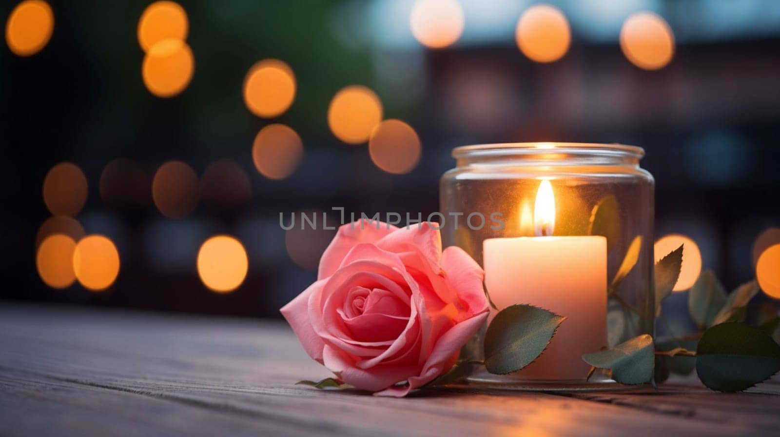 A burning candle and rose flowers against the background of a garden. Banner with copy space. Self care and aromatherapy concept. High quality photo