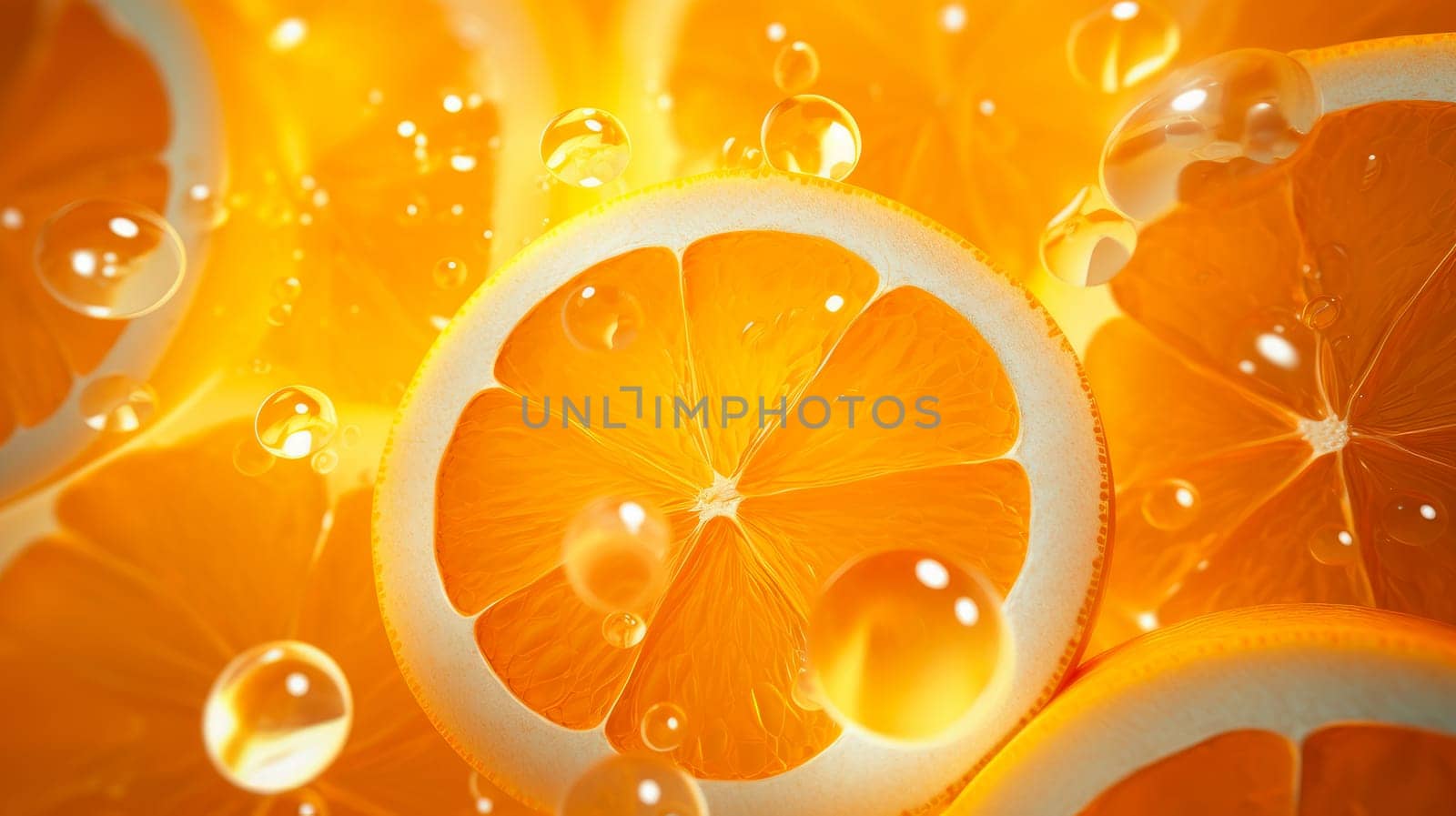 Beautiful luxury creative 3D modern abstract light background consisting of brown gold balls and spheres, fruit oranges in water and splashes, lemonade and juice, drink, copy space. by Alla_Yurtayeva