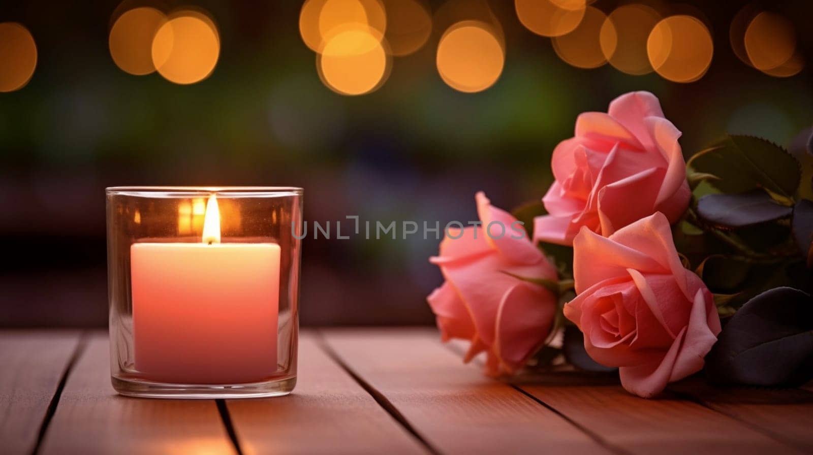 A burning candle and rose flowers against the background of a garden. Banner with copy space. Self care and aromatherapy concept. High quality photo