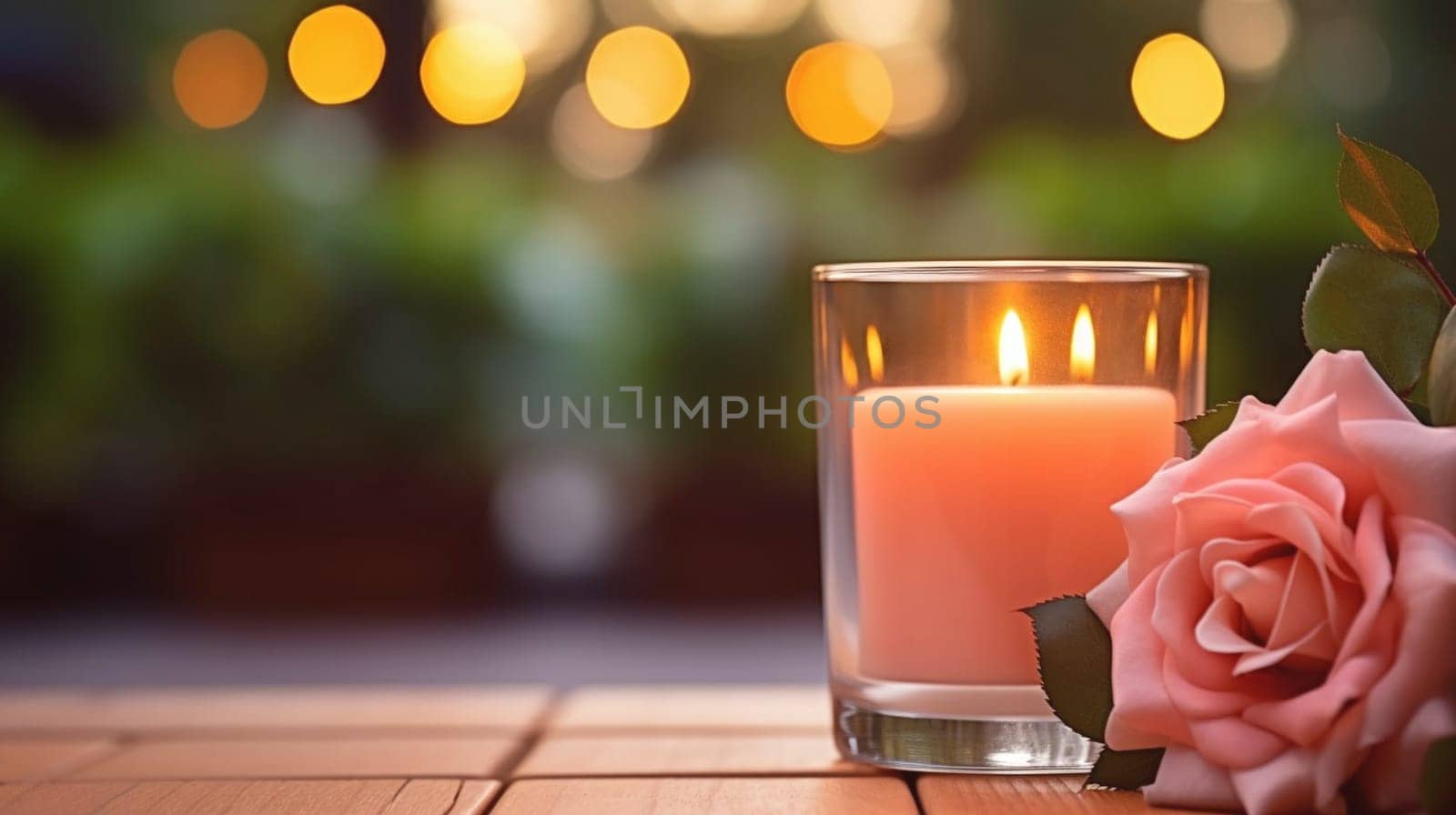 A burning candle and rose flowers against the background of a garden. Banner with copy space. by kizuneko
