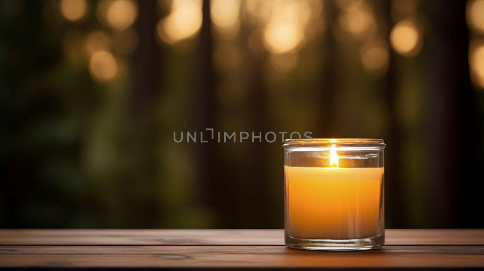 A burning candle against the background of a garden. Banner with copy space. Self care and aromatherapy concept. High quality photo