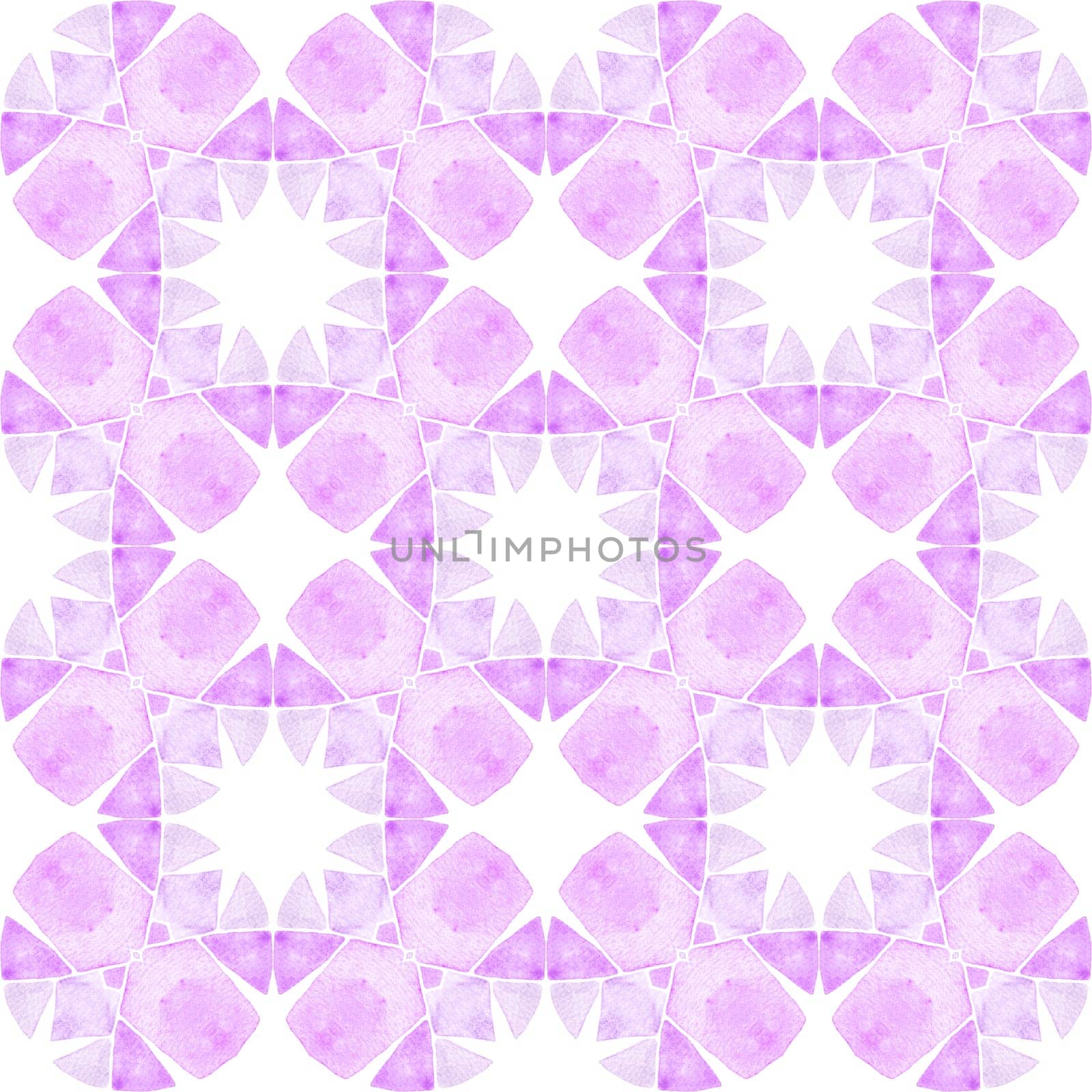 Textile ready immaculate print, swimwear fabric, wallpaper, wrapping. Purple symmetrical boho chic summer design. Green geometric chevron watercolor border. Chevron watercolor pattern.
