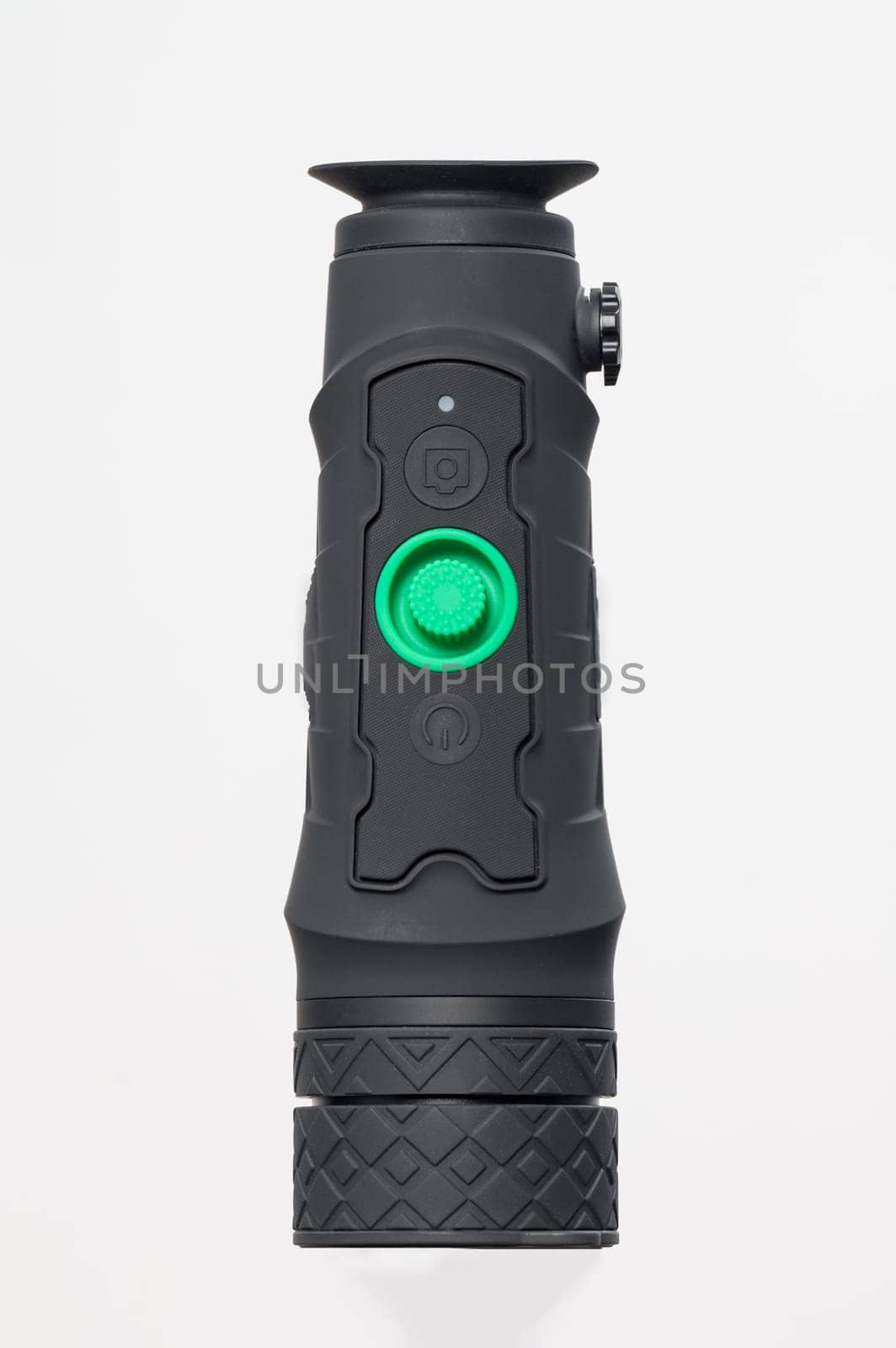 Long-range monocular isolated on white background, rubber body with large green on off button.