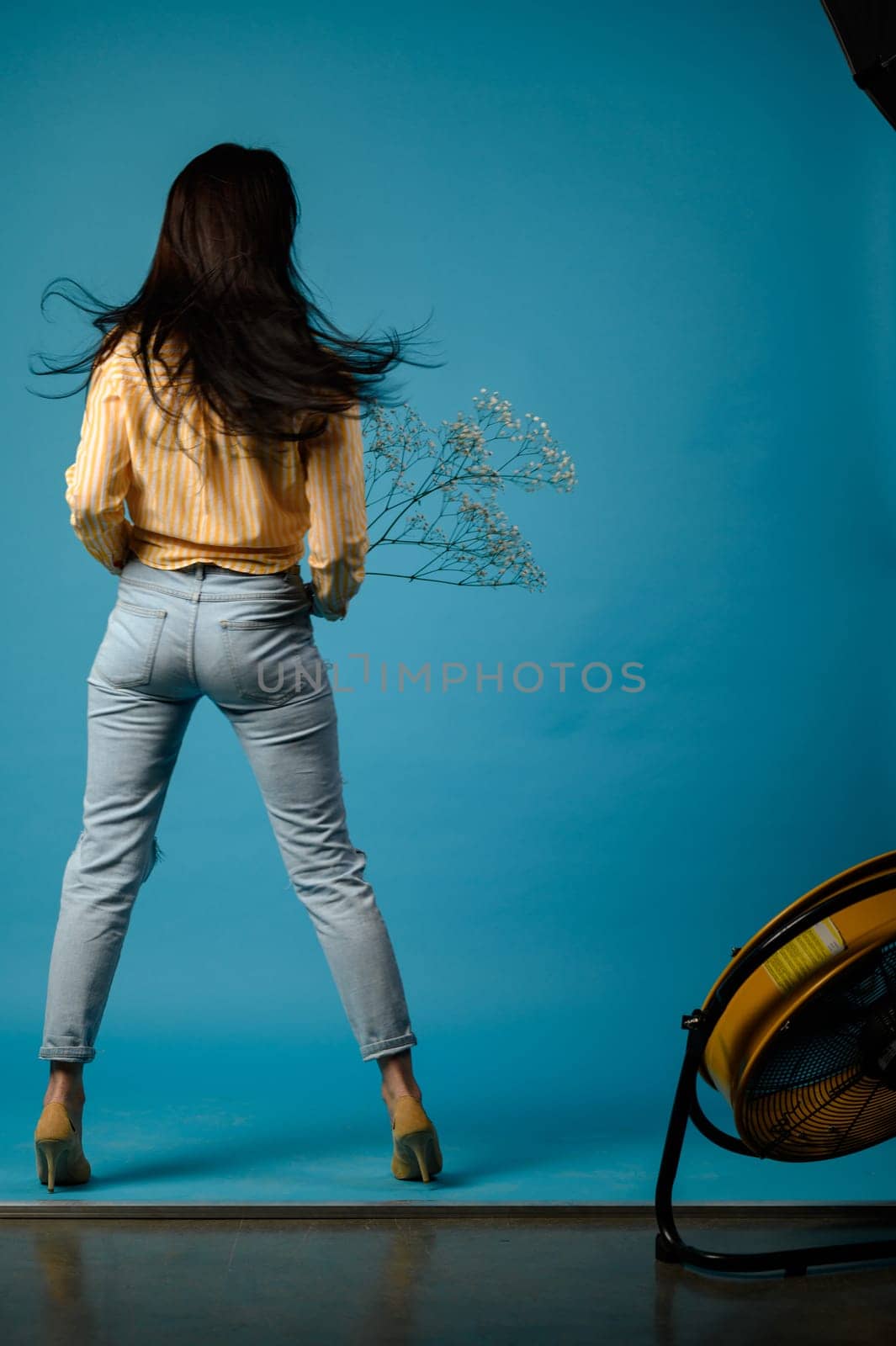 Portrait of a girl on a blue background with her back turned, a brunette girl with long hair.