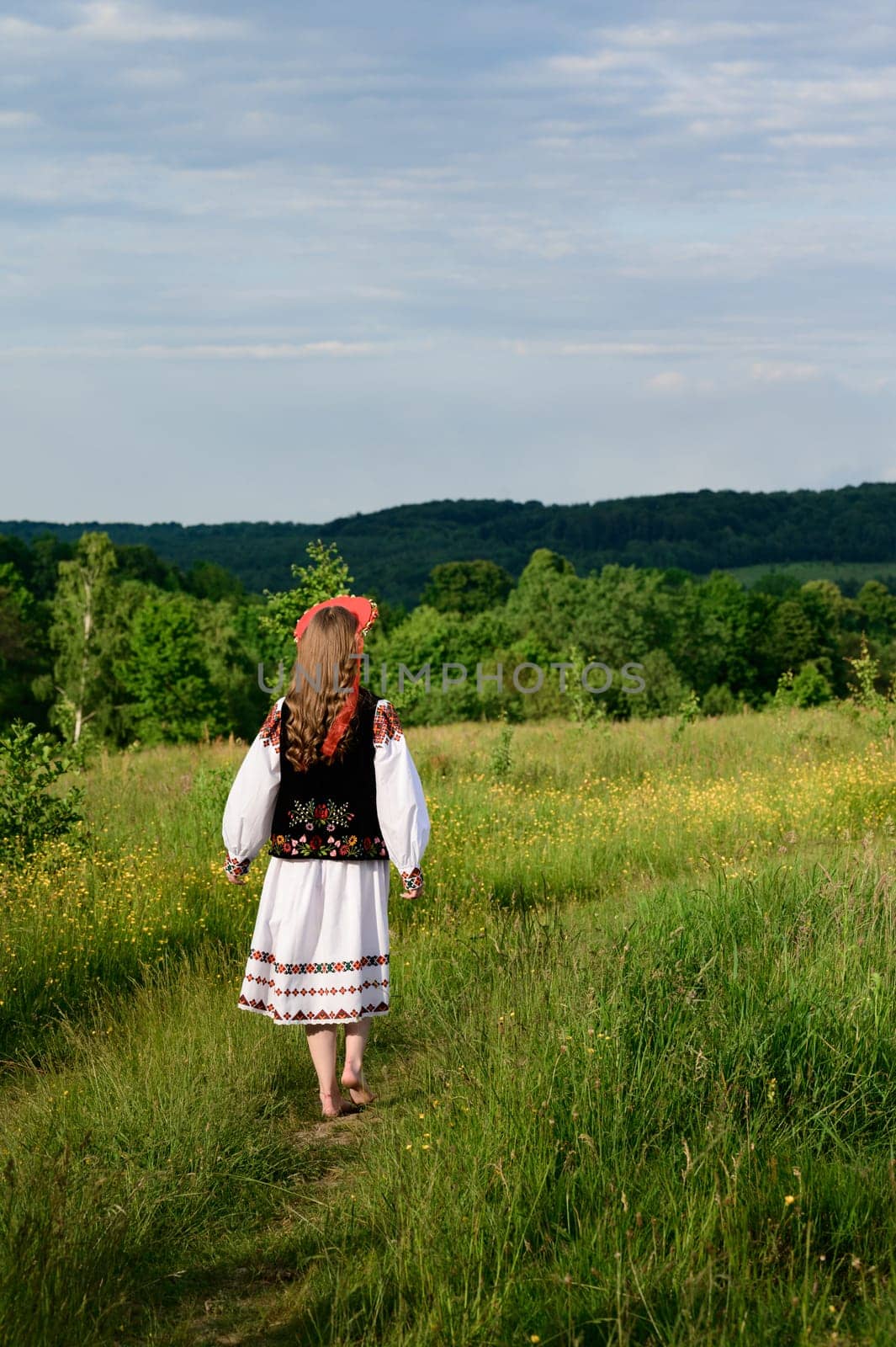 The girl, with her back turned and dressed in Ukrainian national clothes, walks barefoot in the field, wearing a wreath with ribbons on her head.