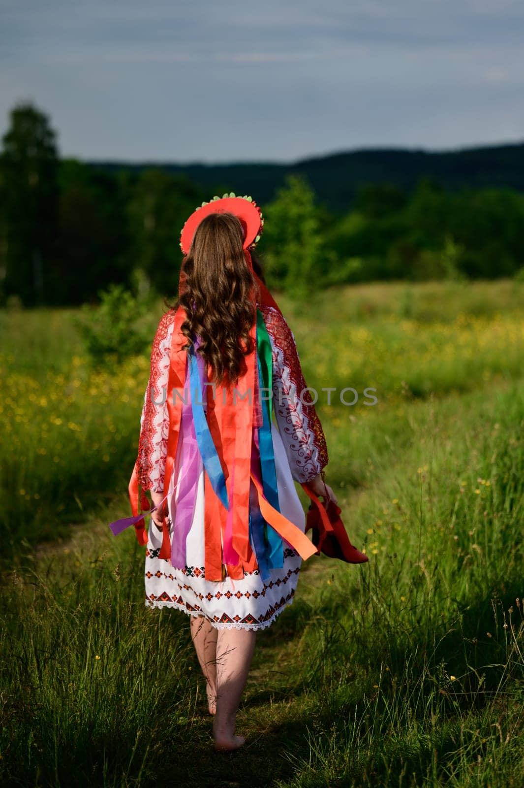 The girl, with her back turned and dressed in Ukrainian national clothes, walks barefoot in the field. by Niko_Cingaryuk