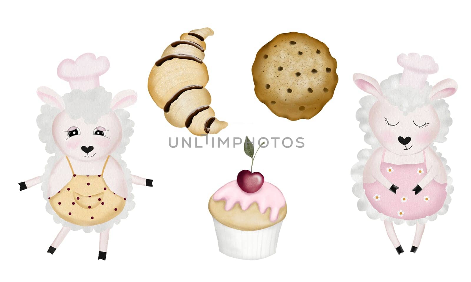 Pastry chefs sheep cute watercolor bakery set. Lamb animal with cookies, croissant and cupcake. Broom and rolling pin kitchen utensils. Isolates for the design of children's cards and postcards. High quality illustration