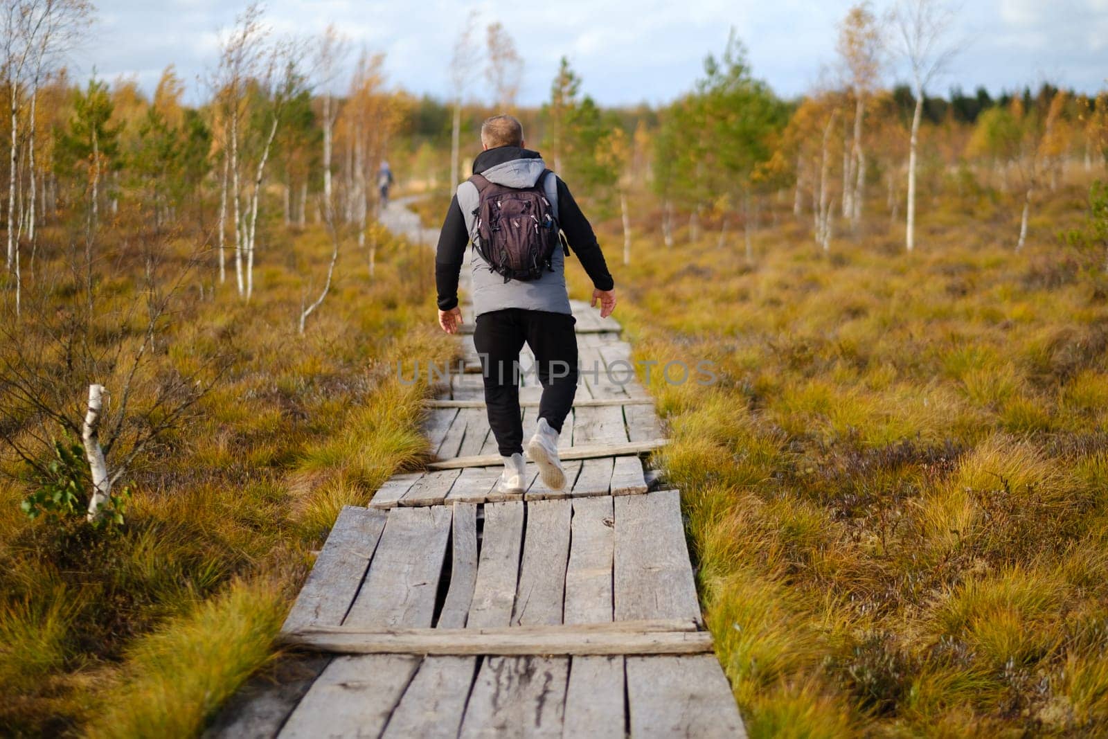 A man with a backpack walks along a wooden path in a swamp in Yelnya, Belarus by Lobachad