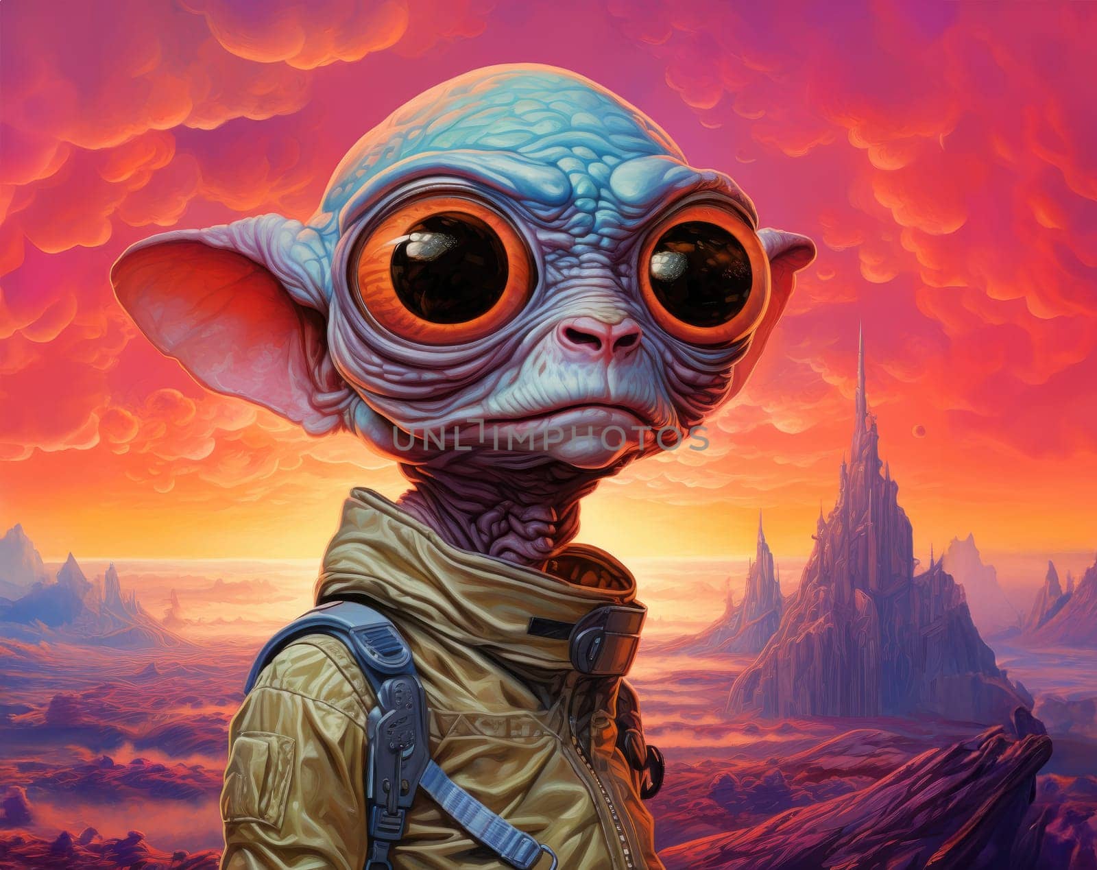 Cartoon alien with big eyes on a colourful otherworldly background by palinchak