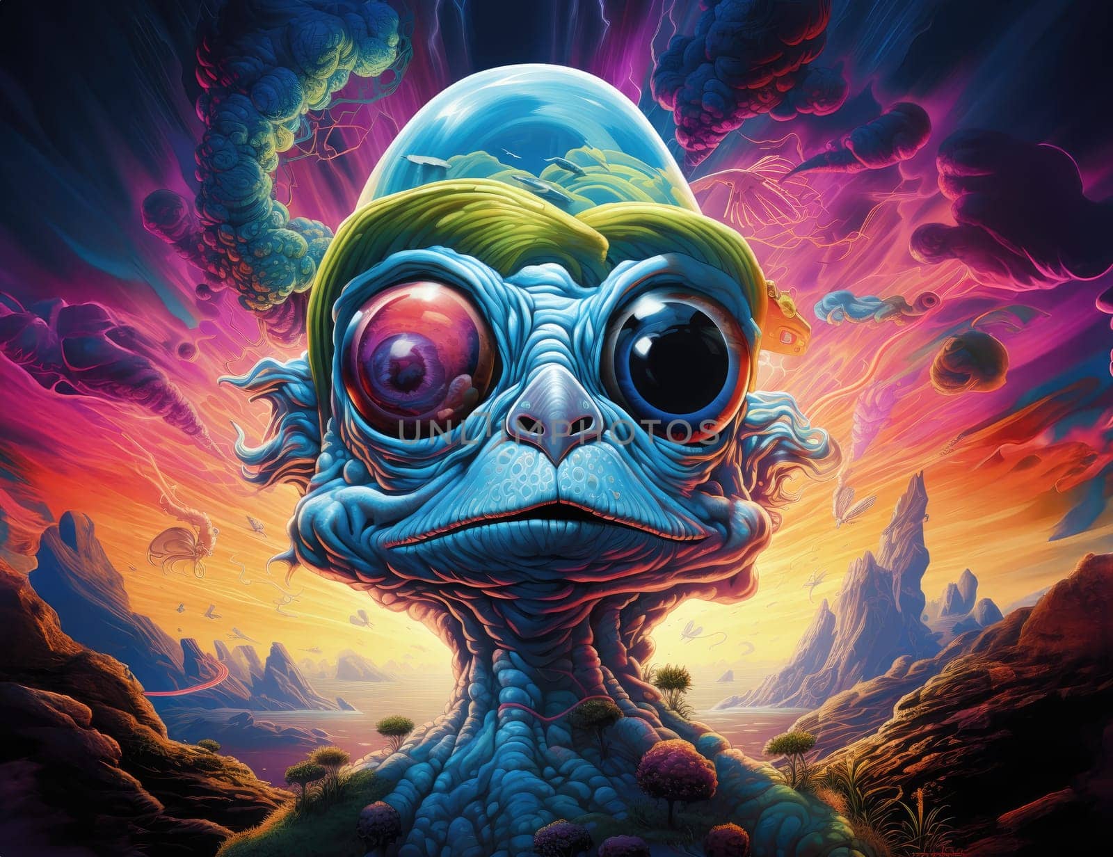 Cartoon alien with big eyes on a colourful otherworldly background by palinchak