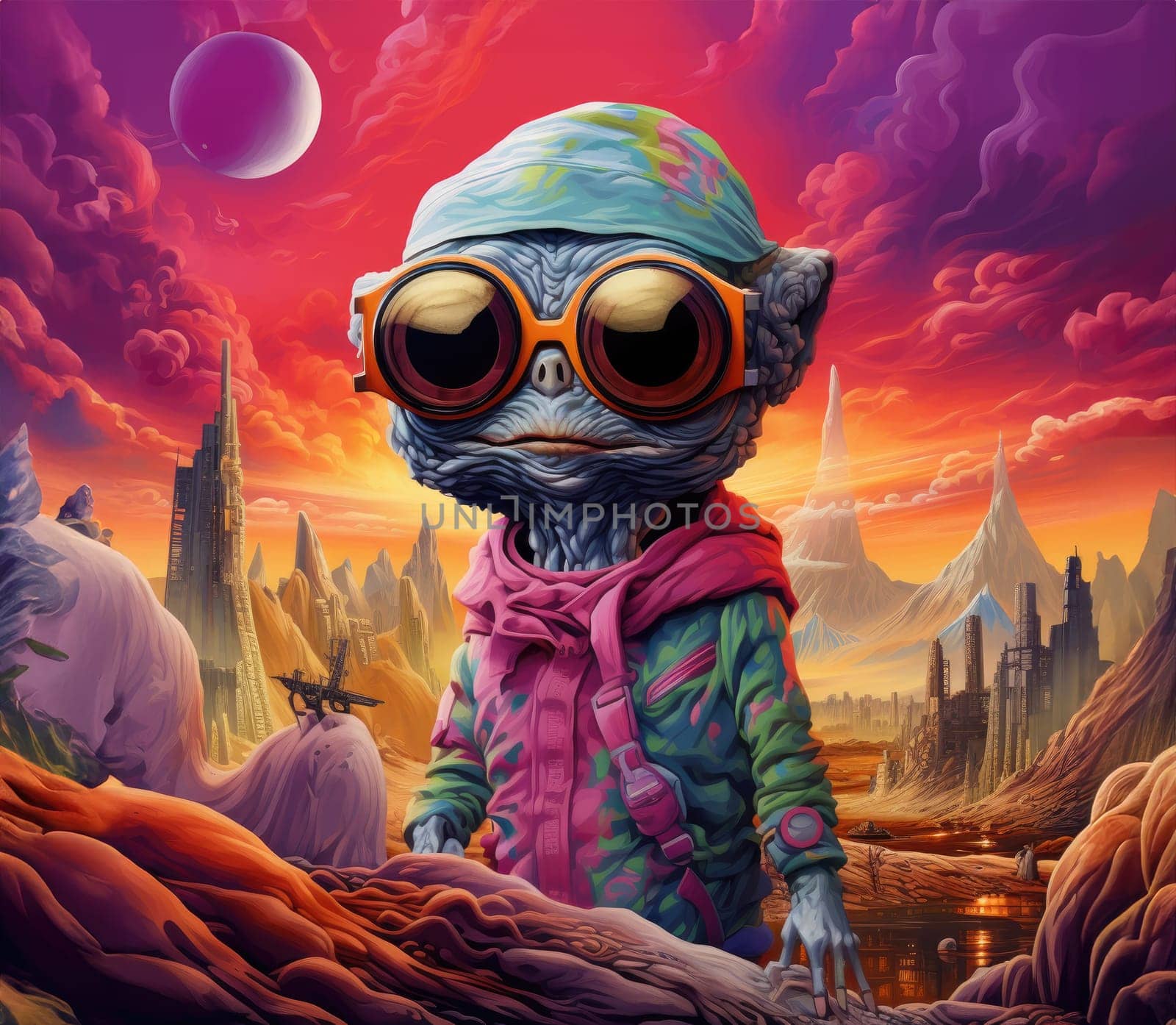 Cartoon alien with big eyes on a colourful otherworldly background by palinchak