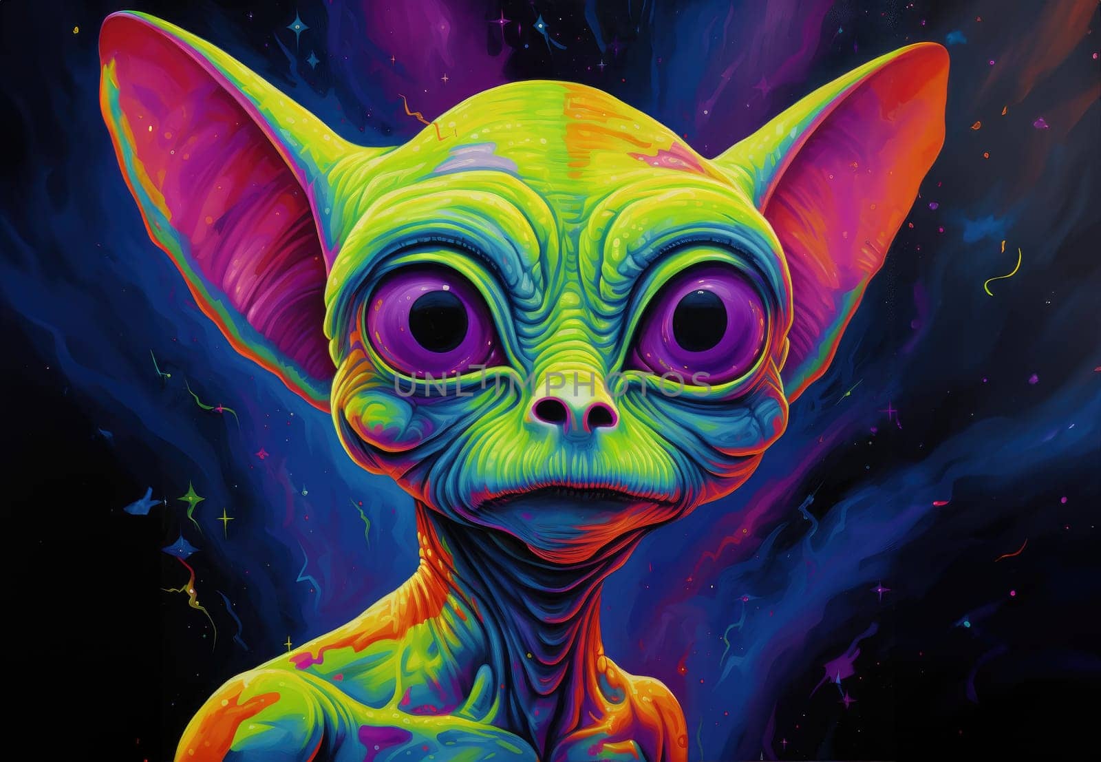 Cartoon alien with big eyes on a colourful otherworldly background by palinchak