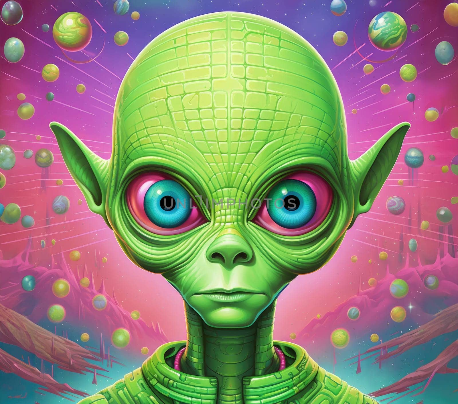 Portrait of a cartoon alien humanoid with big eyes on a colourful otherworldly background in psychedelic pop art style. Template for print, sticker, poster, etc.