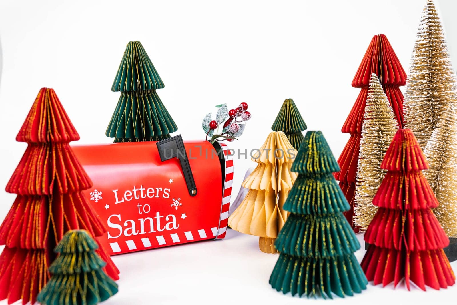 New Year's background for a product or card. Colored Christmas trees, Santa Claus mailbox. by tewolf