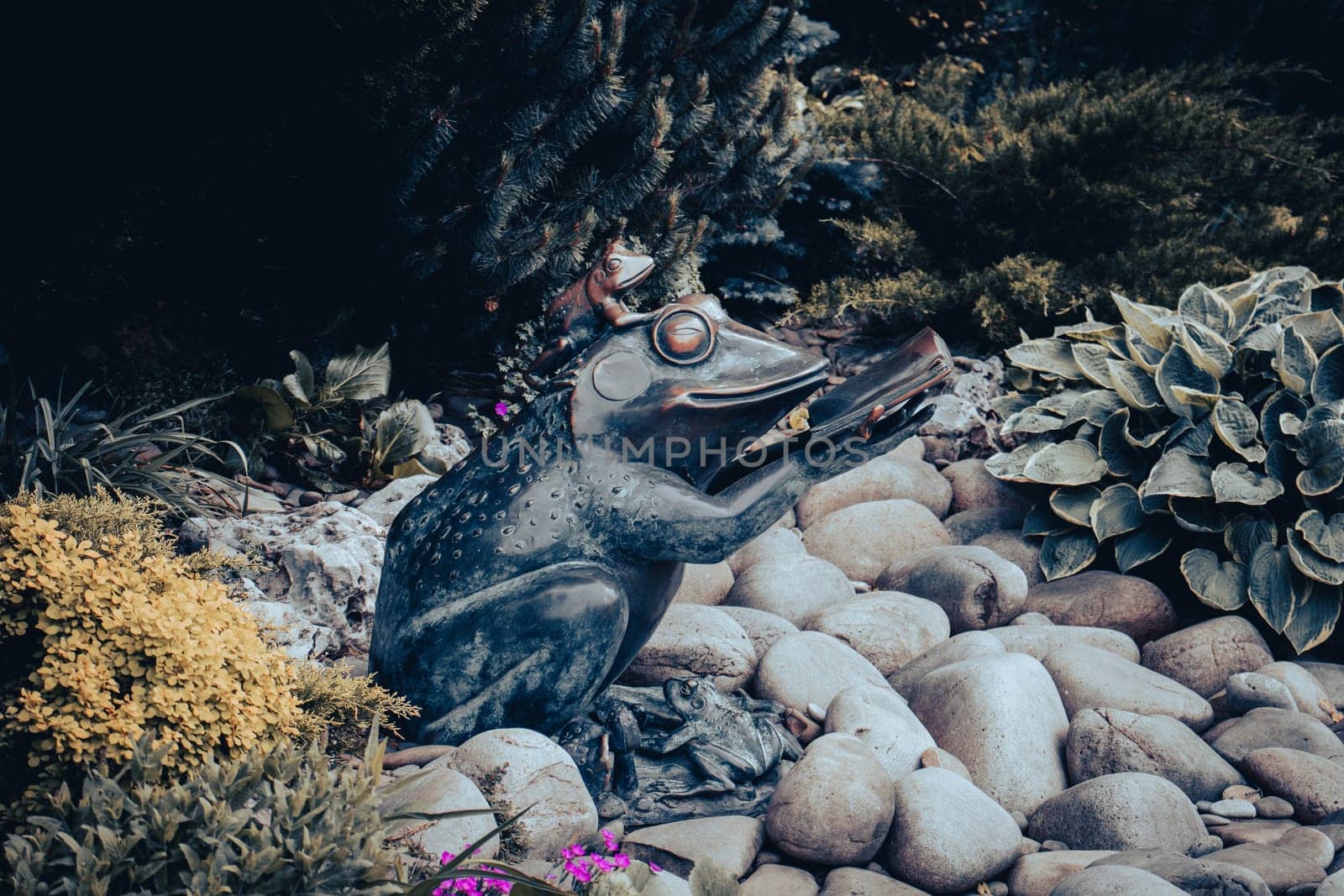 Bronze sculpture of a big frog reading a book, Kharkiv Central Park. Beautiful nature scenery photography. Idyllic garden scene. High quality picture for wallpaper, travel blog.