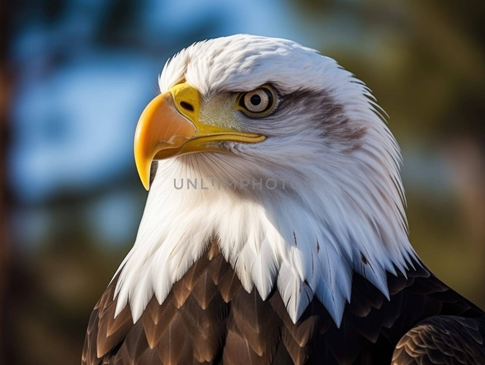 American Bald Eagle in natural habitat among cliffs, forests and rivers. Bald eagle is the national symbol of the United States.