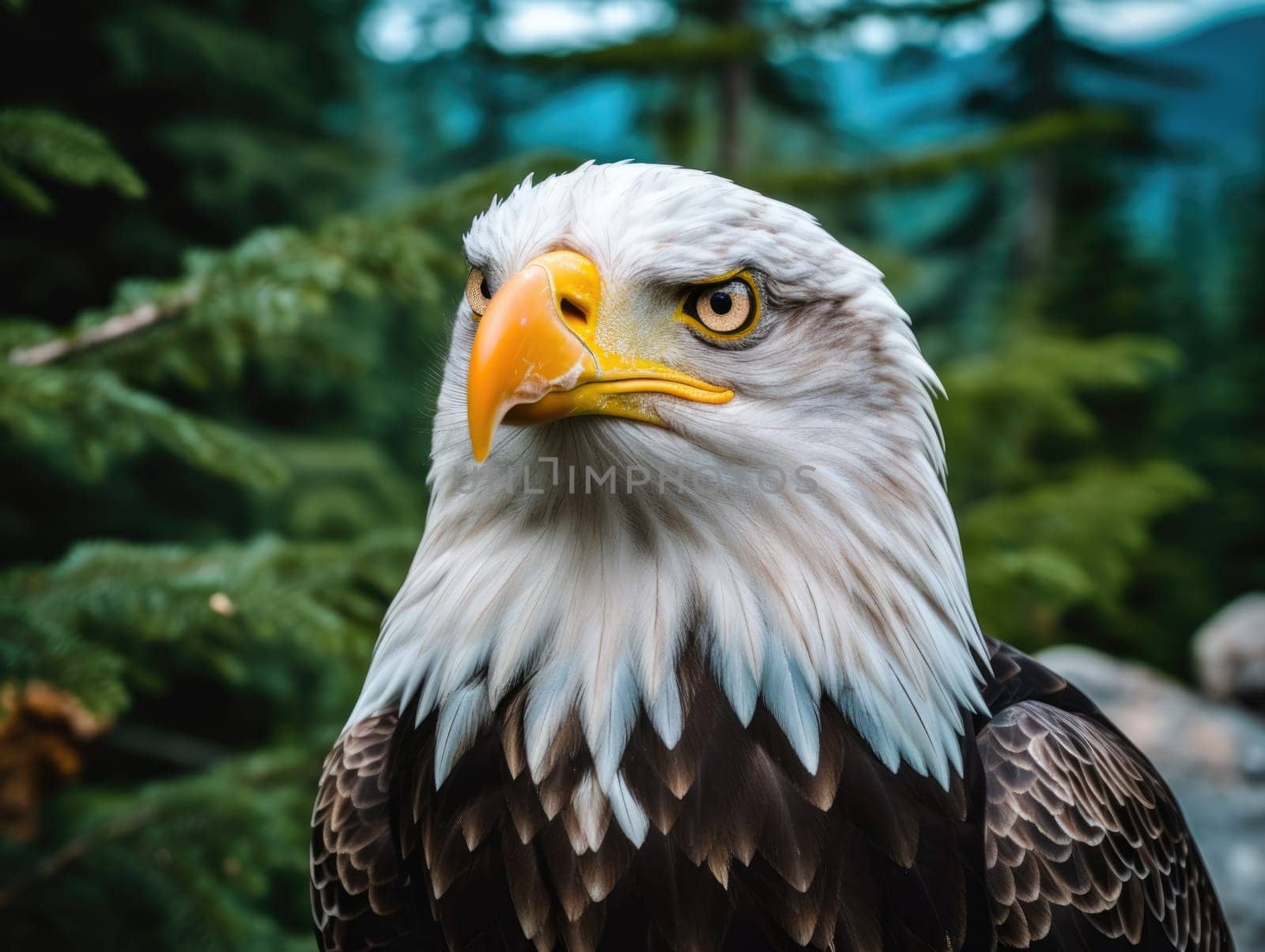 American Bald Eagle in natural habitat among nature background. Bald eagle is the national symbol of the United States.