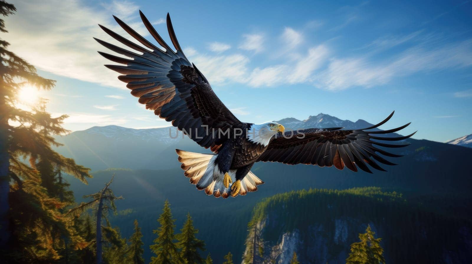 American Bald Eagle in natural habitat among cliffs, forests and rivers. Bald eagle is the national symbol of the United States.