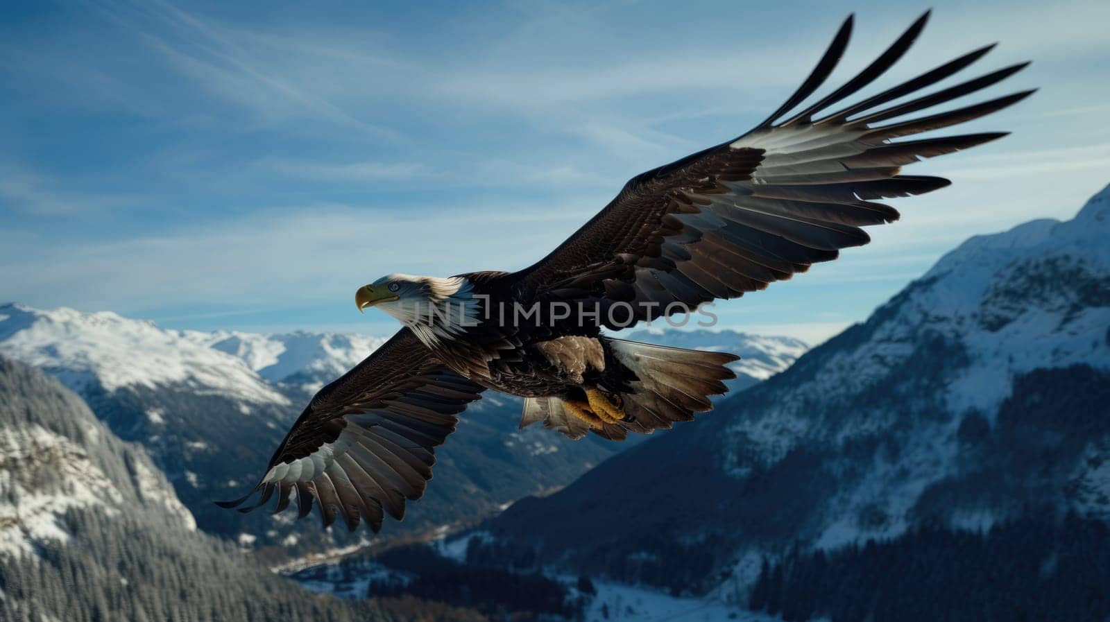 American bald eagle in flight over snow-covered mountains. Bald eagle is the national symbol of the United States.