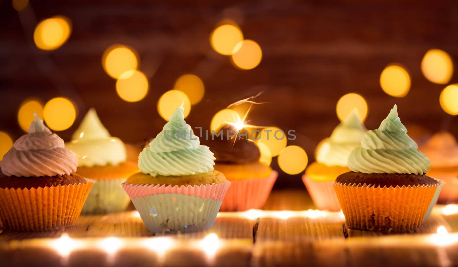 fresh cupcakes in a kitchen with lights and warm blurry bokeh background