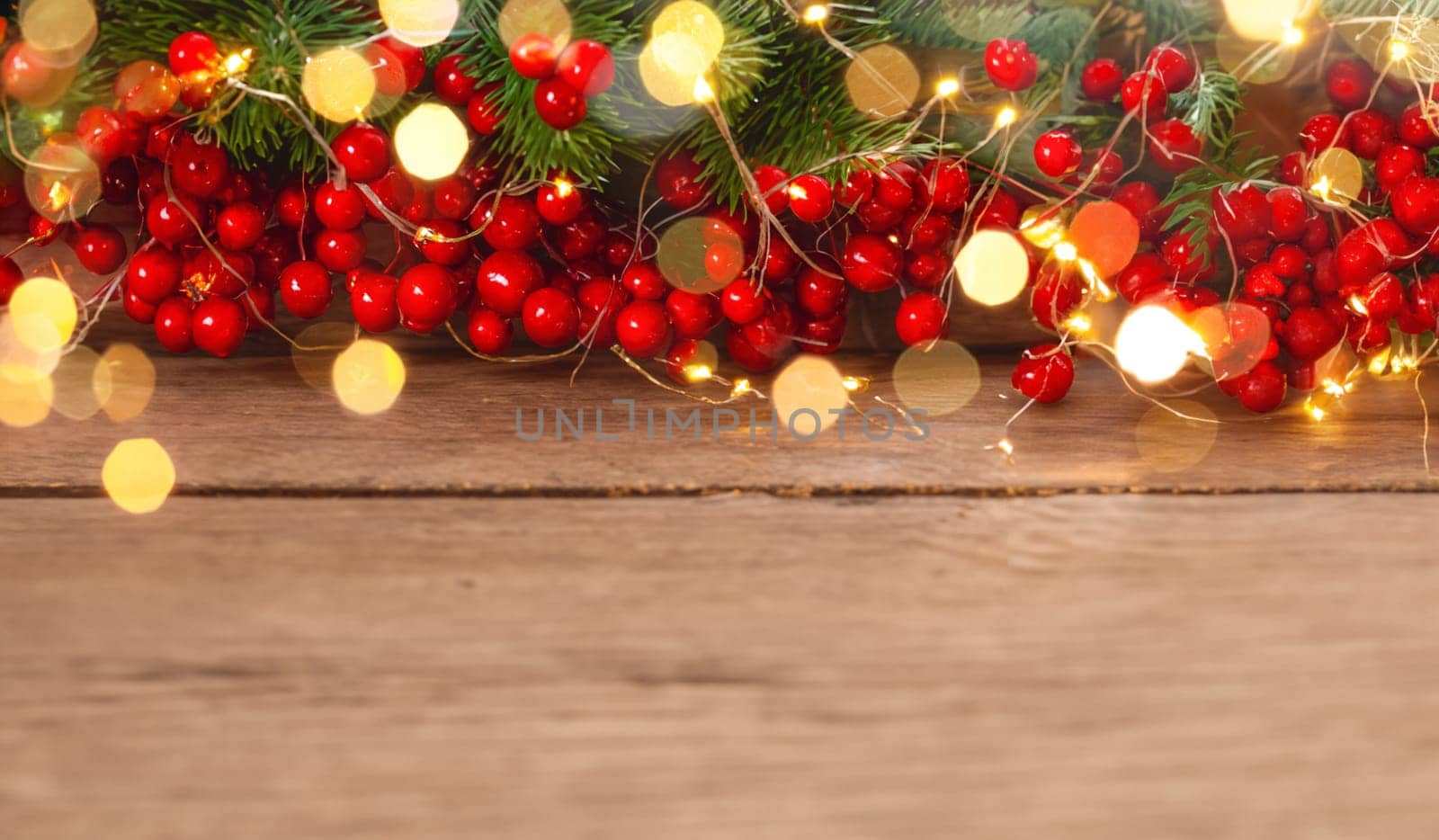 christmas banner with red and green and yellow lights with copy space by compuinfoto