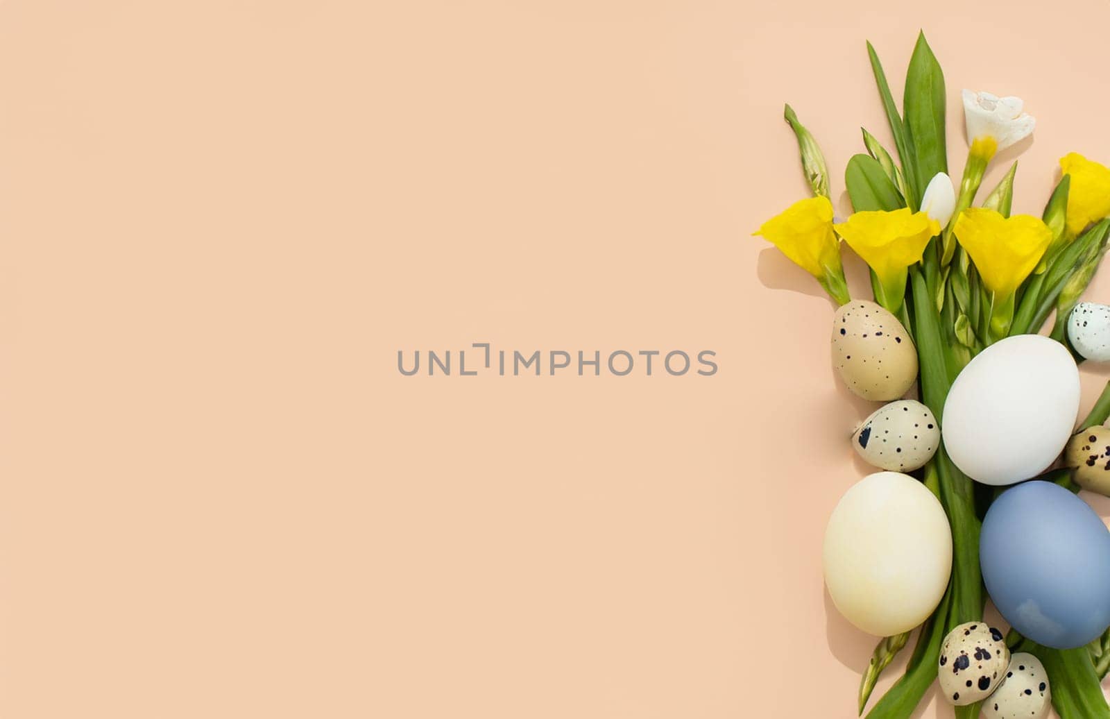Trendy spring easter eggs compositon with painted egges and flowers and copy space for text