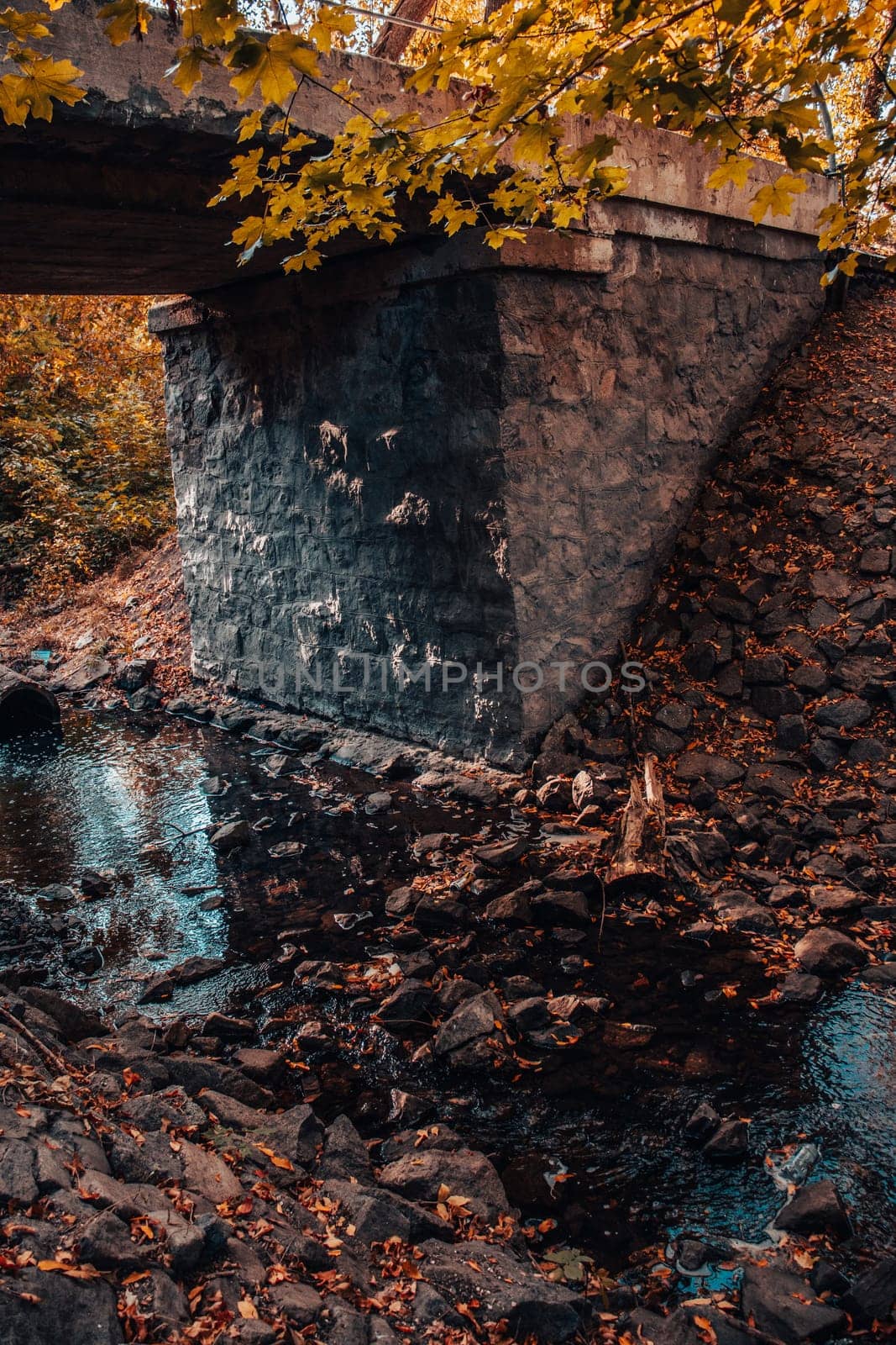 The old bridge over the river of the autumn forest. Forest river stream landscape. Bridge over forest river stream. Beautiful nature scenery photography. High quality picture for wallpaper, travel blog.