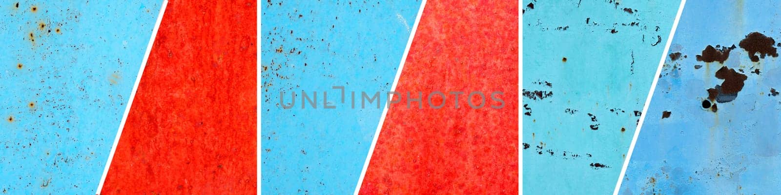 Red and blue metal surface with spots creating textured wall background, collage