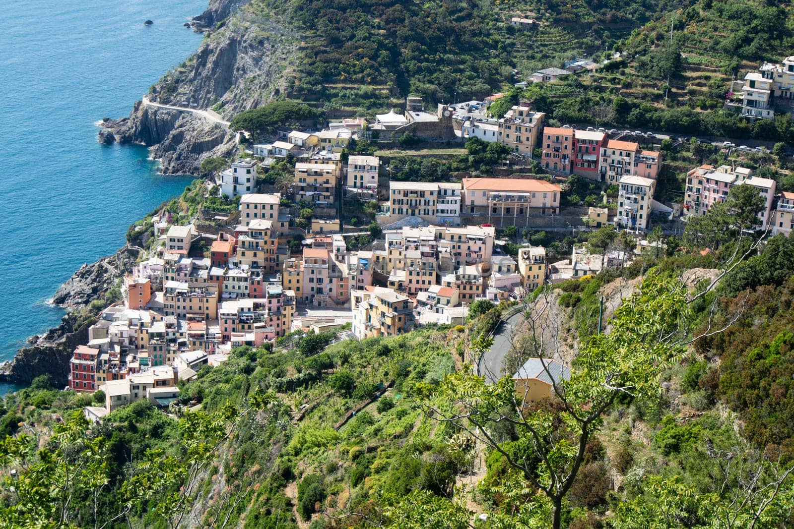 Panoramic view of the town of Riomaggiore Cinque Terre Liguria Italy 