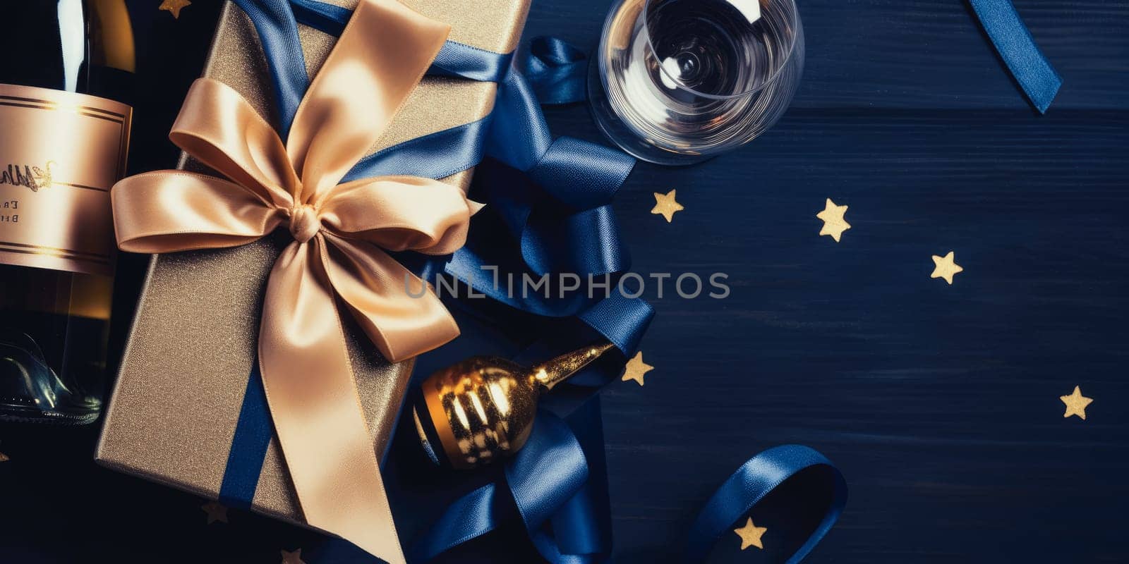 Flay lay new year holiday decoration and party streamers on gold festive background. Christmas, birthday or wedding concept. Flat lay. comeliness