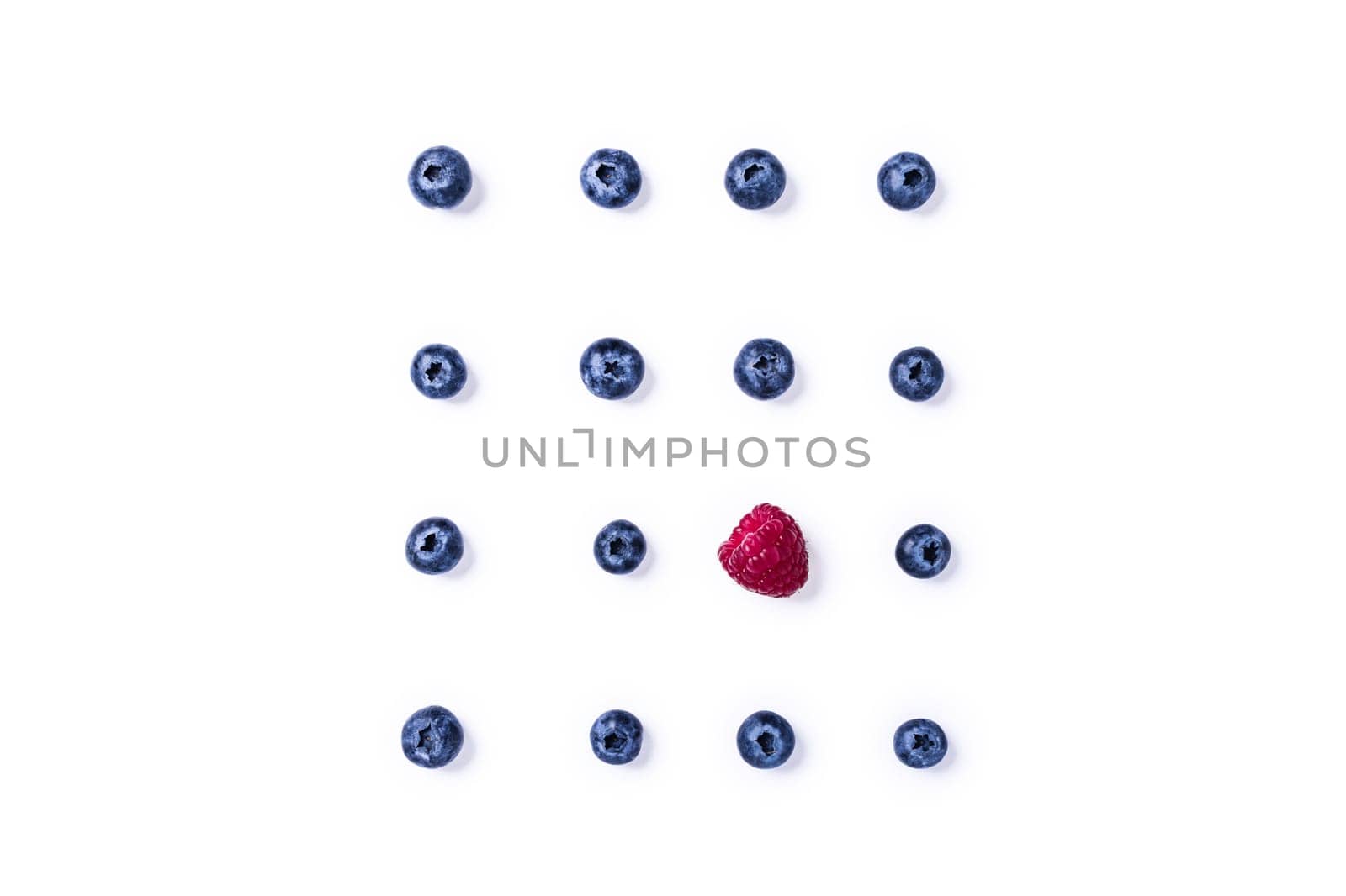 Pattern with raspberry and blueberries on isolated white background.