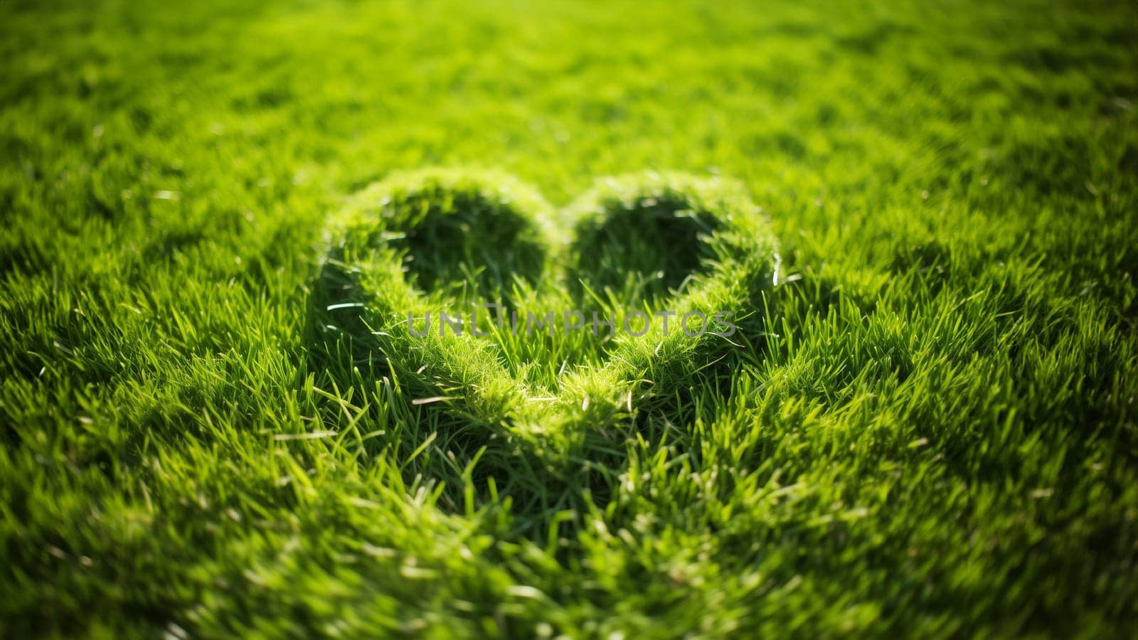 Valentine's day mowered heart shaped natural green fresh grass on the lawn. Generative AI by Gudzar