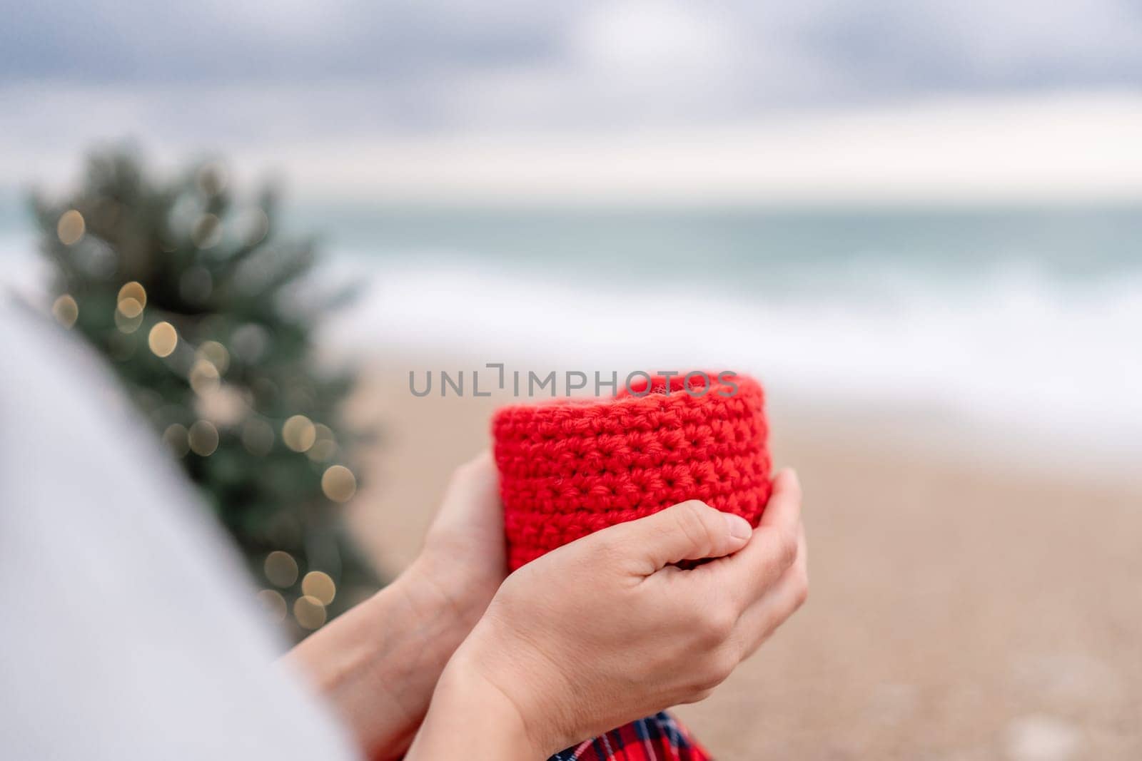 Sea Lady in plaid shirt with a red mug in her hands enjoys beach with Christmas tree. Coastal area. Christmas, New Year holidays concep by Matiunina