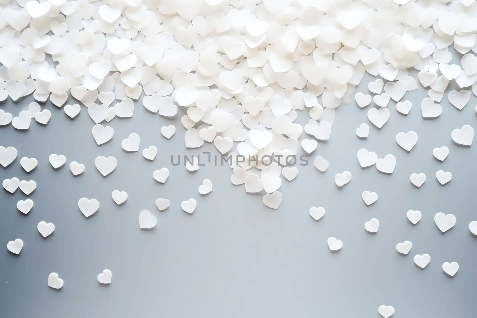 Valentines day backdrop of white paper confetti in the form of hearts, Flat lay style with minimalistic design. Template for banner with copy space or party invitation. Generative AI by Gudzar