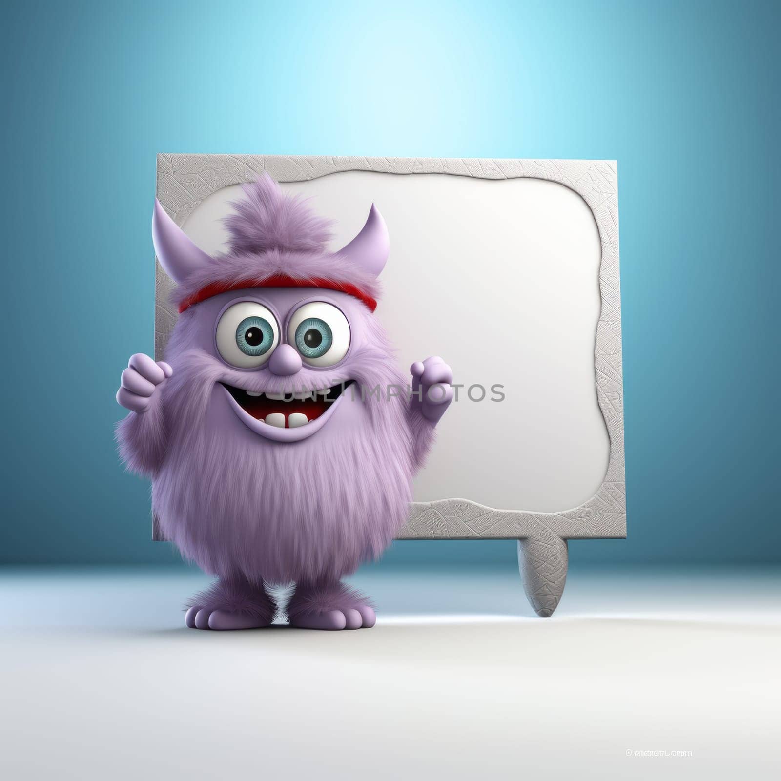 Funny furry purple monster, with a red sports headband, standing next to a white empty banner by Zakharova