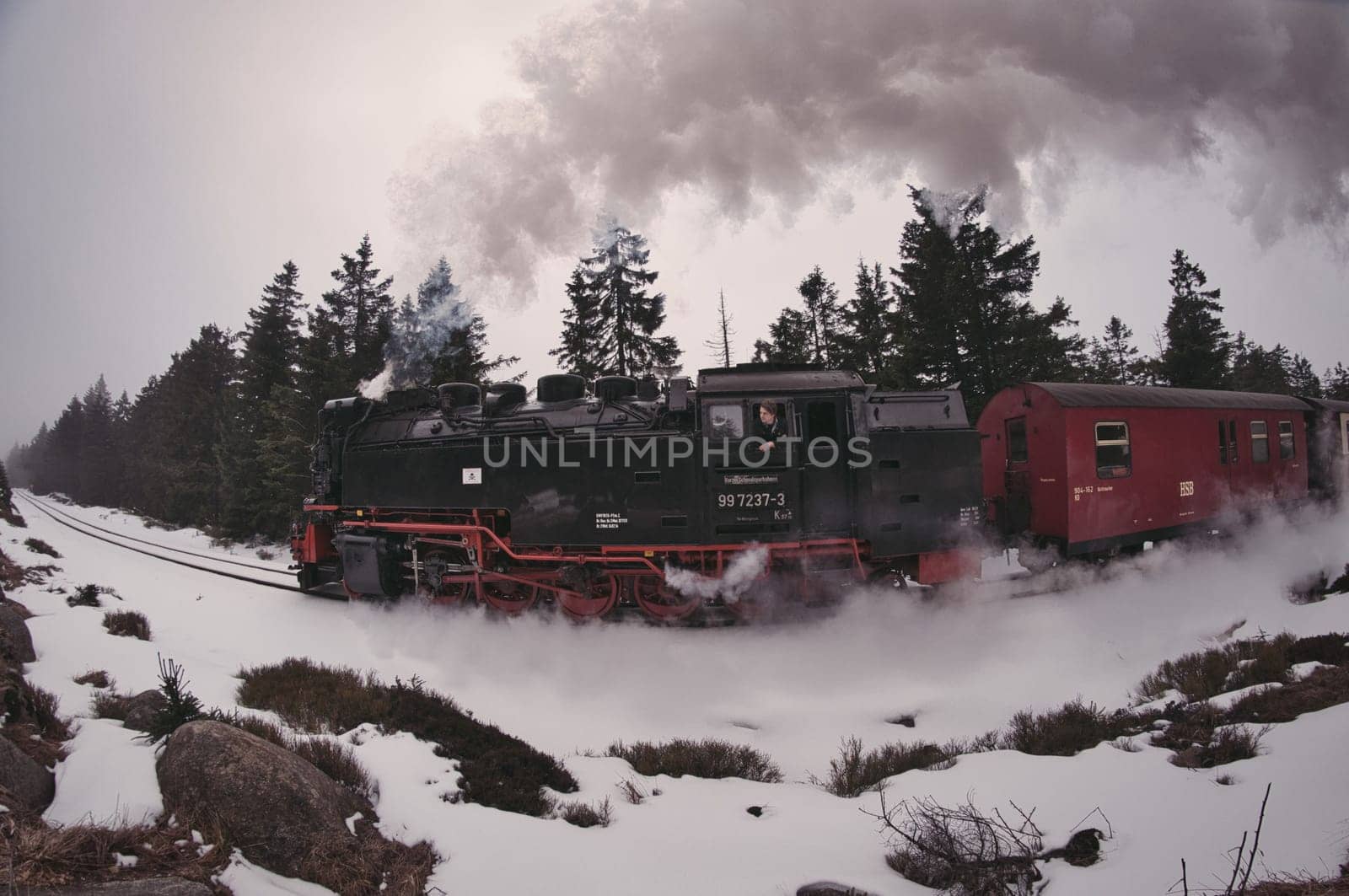 Steam locomotive narrow gauge railway on the Brocken mountain in the Harz mountains in Germany