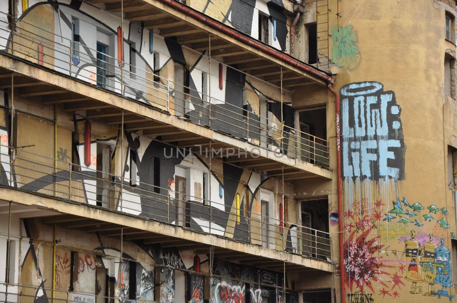 Closeup shot of balconies of the Arthouse with graffiti before demolition, Prague, Czech Republic