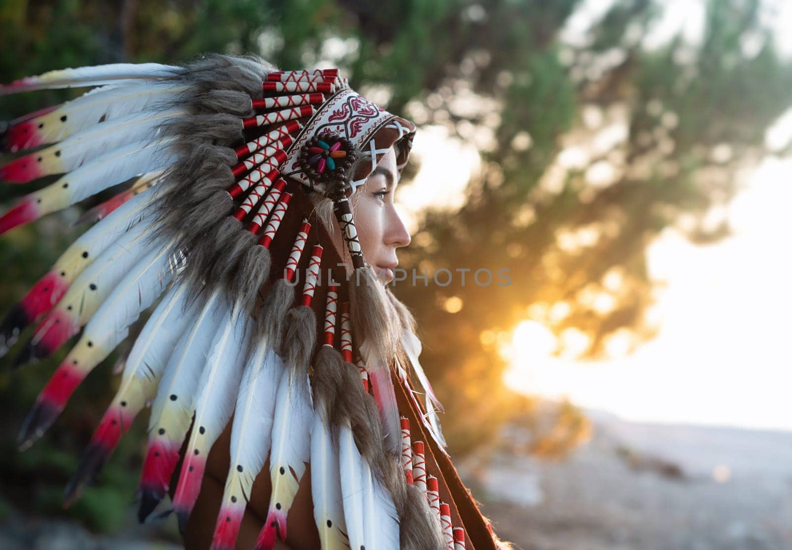 Portrait of a girl with hands in Native American headdresses in nature in the sunset light