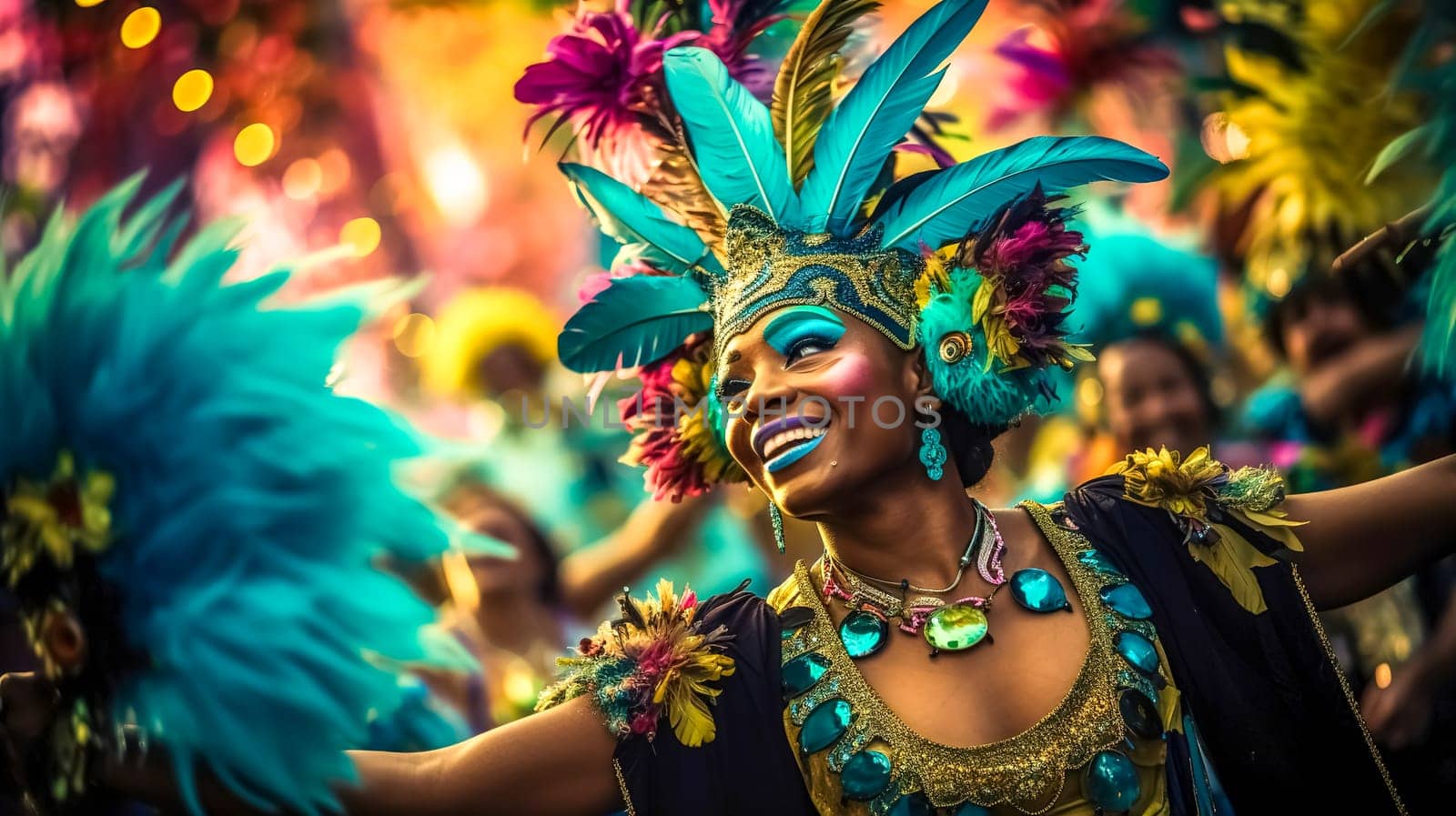 portrait of a woman at the carnival on the street in a mask and colorful decorations by Edophoto