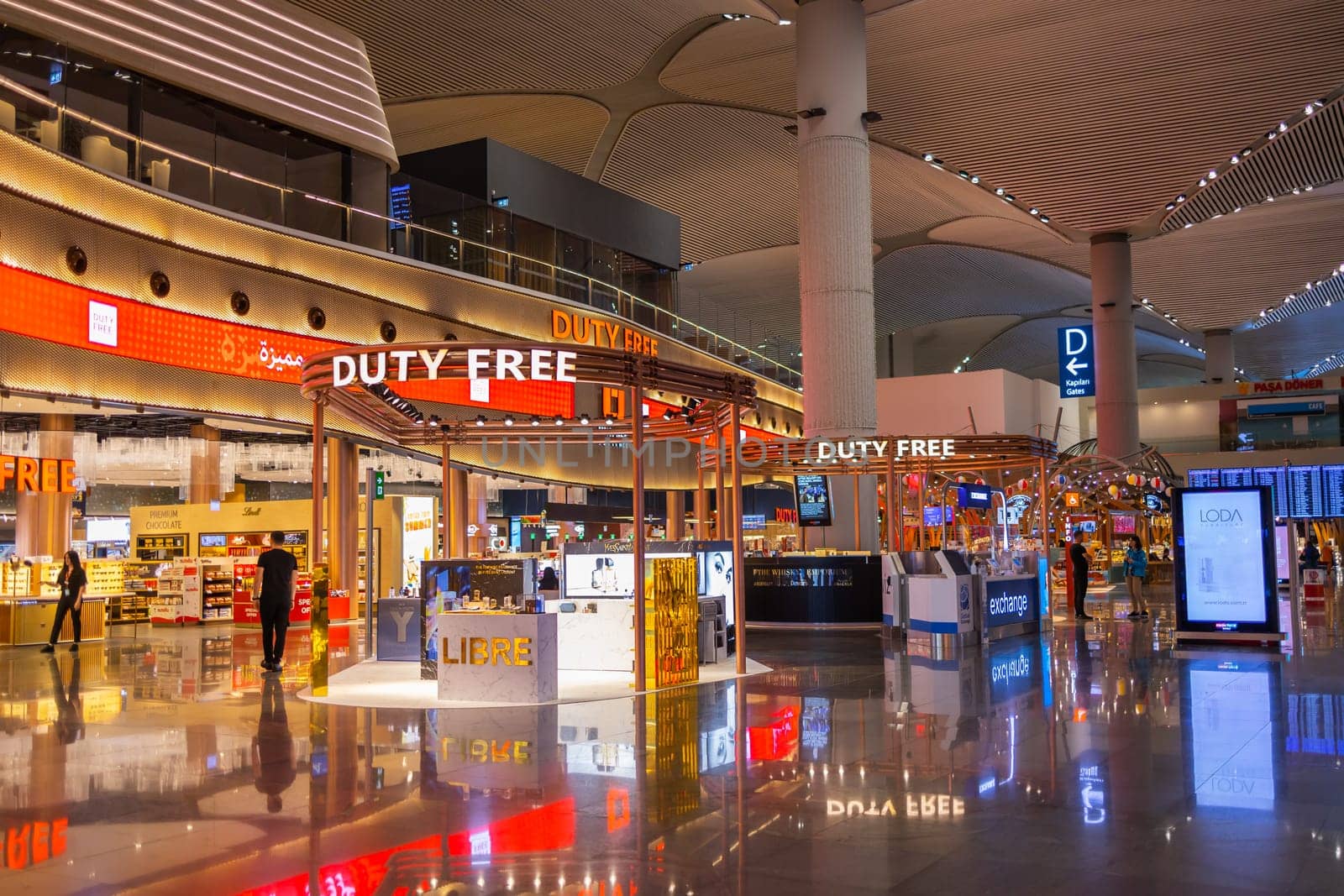 ISTANBUL, TURKEY - August 09, 2022: A view of duty free shops and stores at the international departure terminal of New International Istanbul Airport