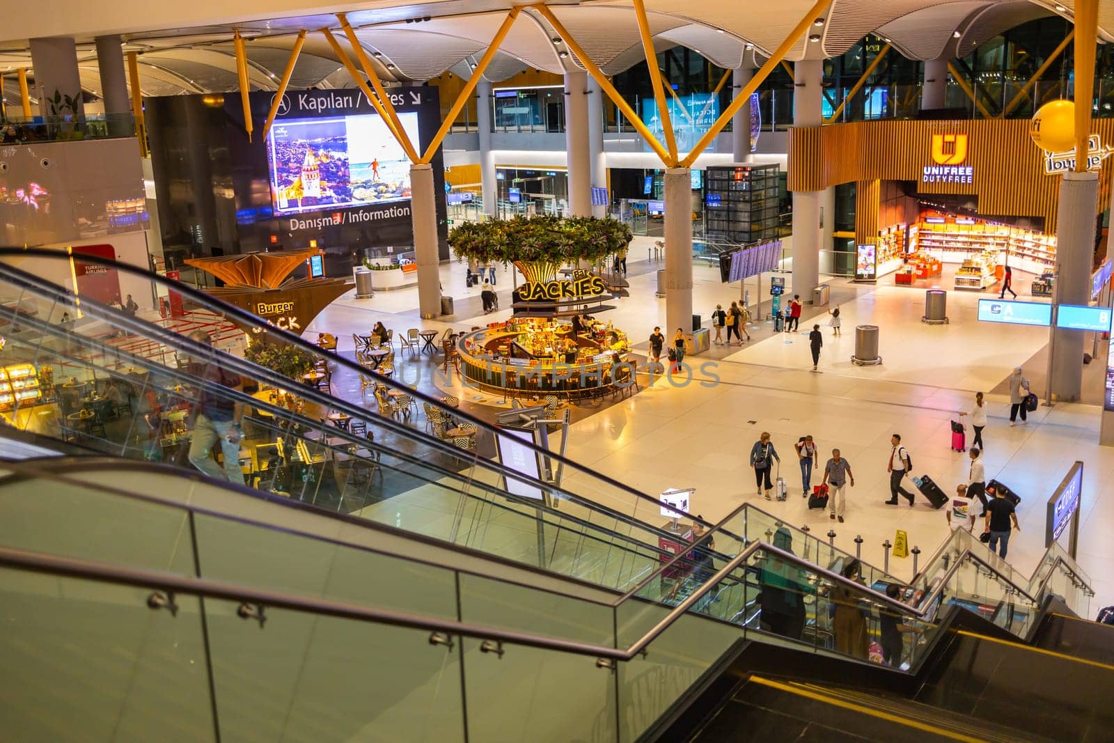 ISTANBUL, TURKEY - August 09, 2022: A view of duty free shops and stores at the international departure terminal of New International Istanbul Airport