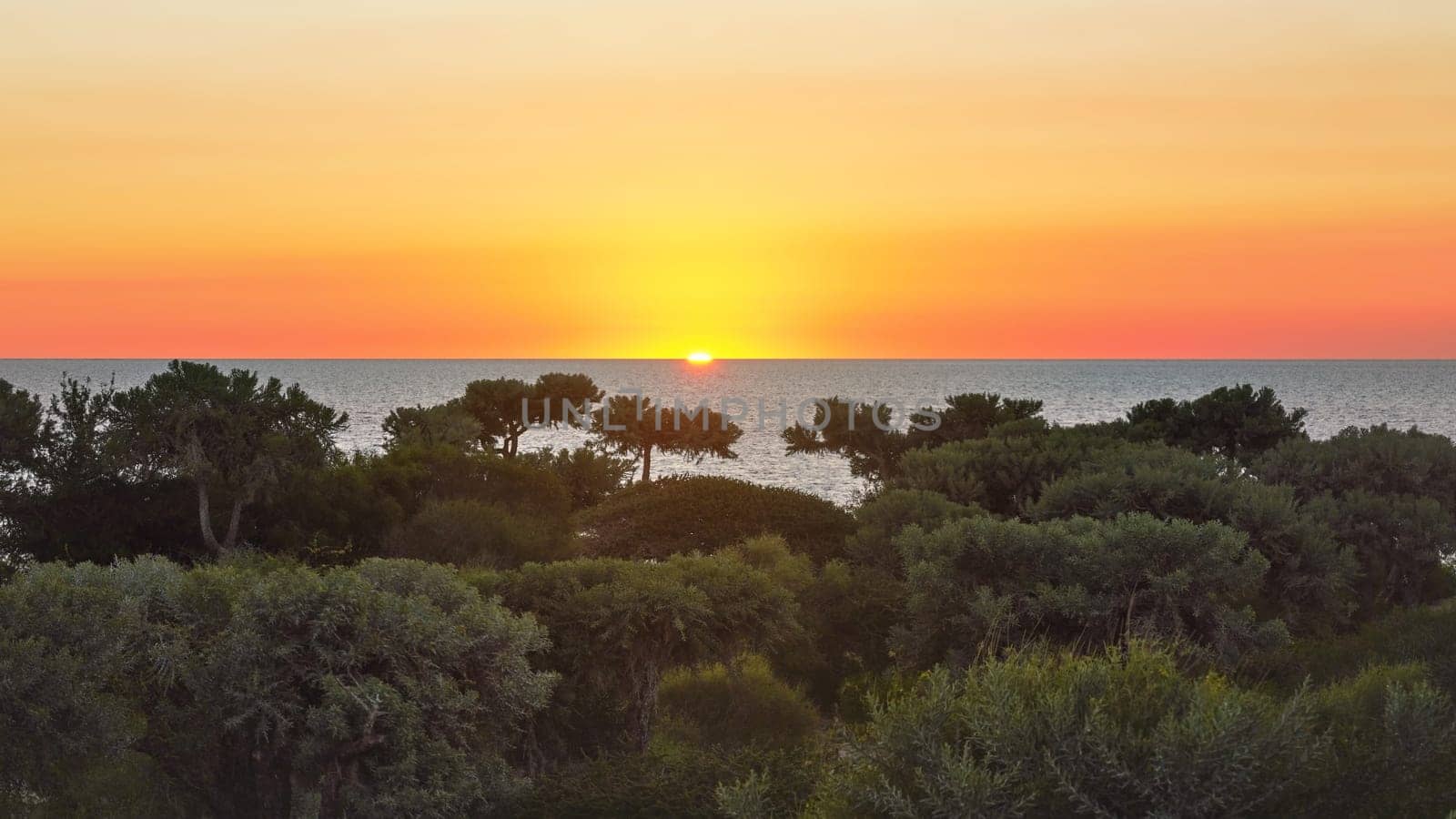 Sunset with sky coloured orange and pink on tropical island, calm sea at distance, jungle forest in foreground. Anakao, Madagascar by Ivanko