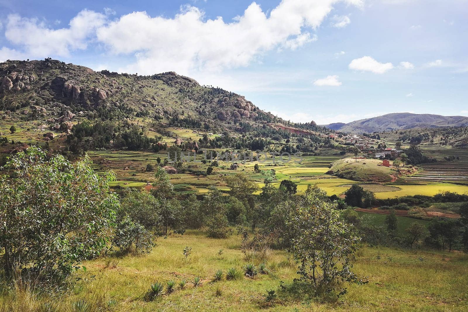 Typical Madagascar landscape in region near Tsiafahy, small hills covered with green grass and bushes, red clay houses and rice fields near. by Ivanko