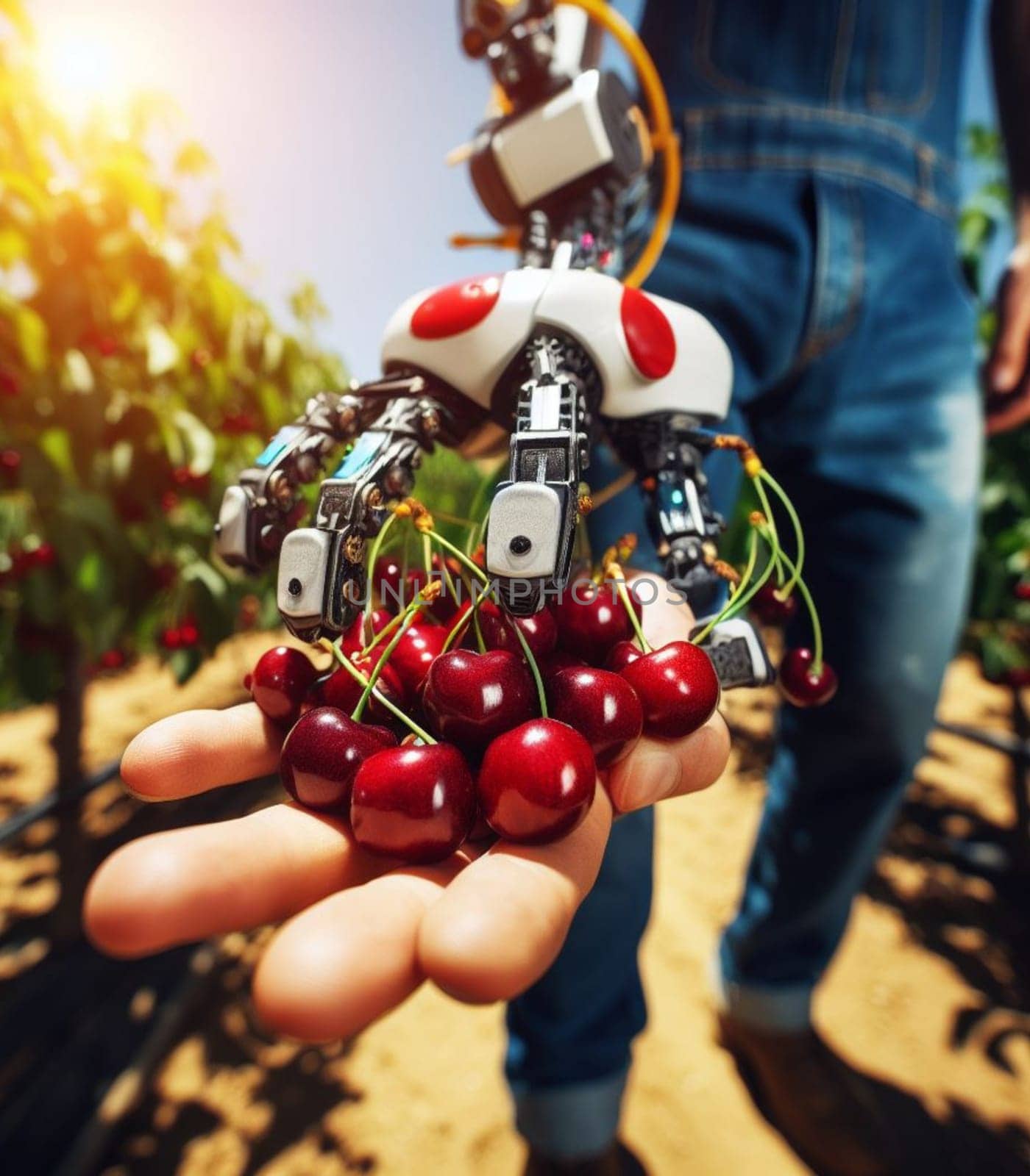 robot working in farm vegetable garden to grow produce for human consumption ai generated