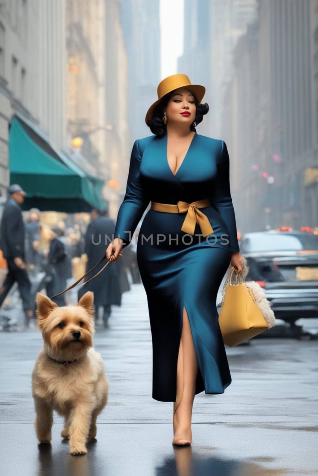 curvy elegant empowered business woman walking with dog in downtown illustration genrative ai art