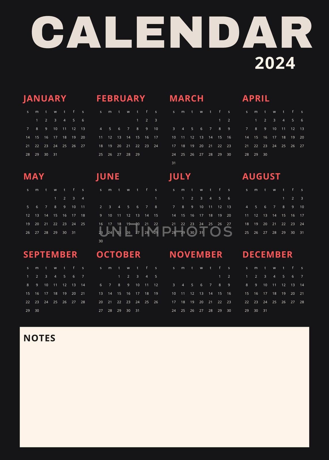 Black vertical calendar for 2024. modern minimalistic 2024 Calendar for year