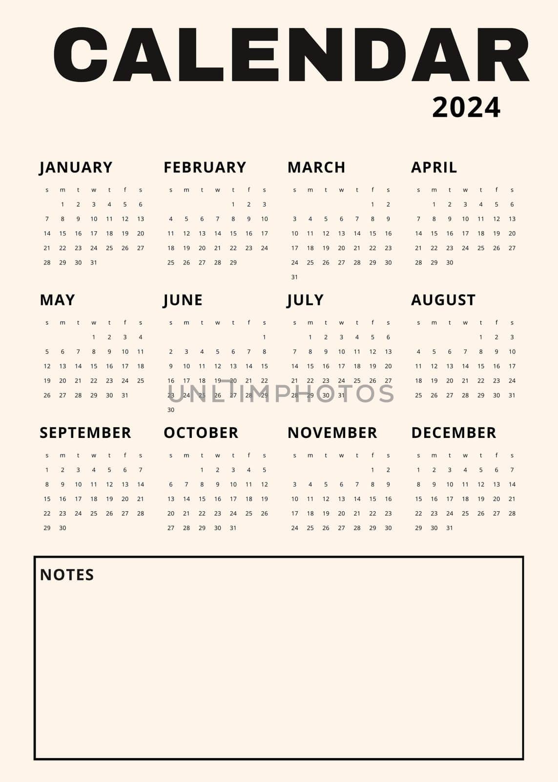 Beige vertical calendar for 2024. modern minimalistic 2024 Calendar for year