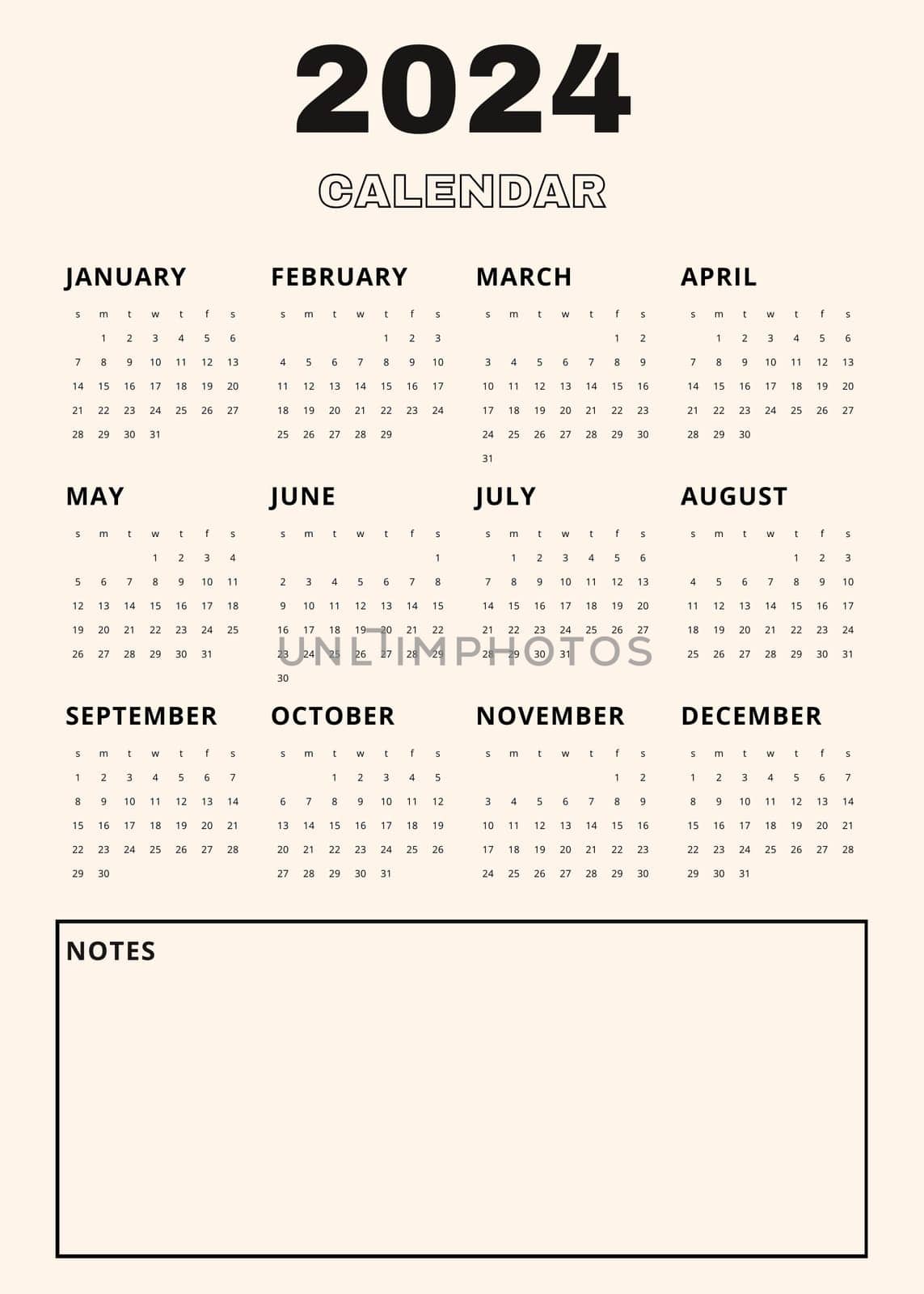 Beige vertical calendar for 2024. modern minimalistic 2024 Calendar with notes