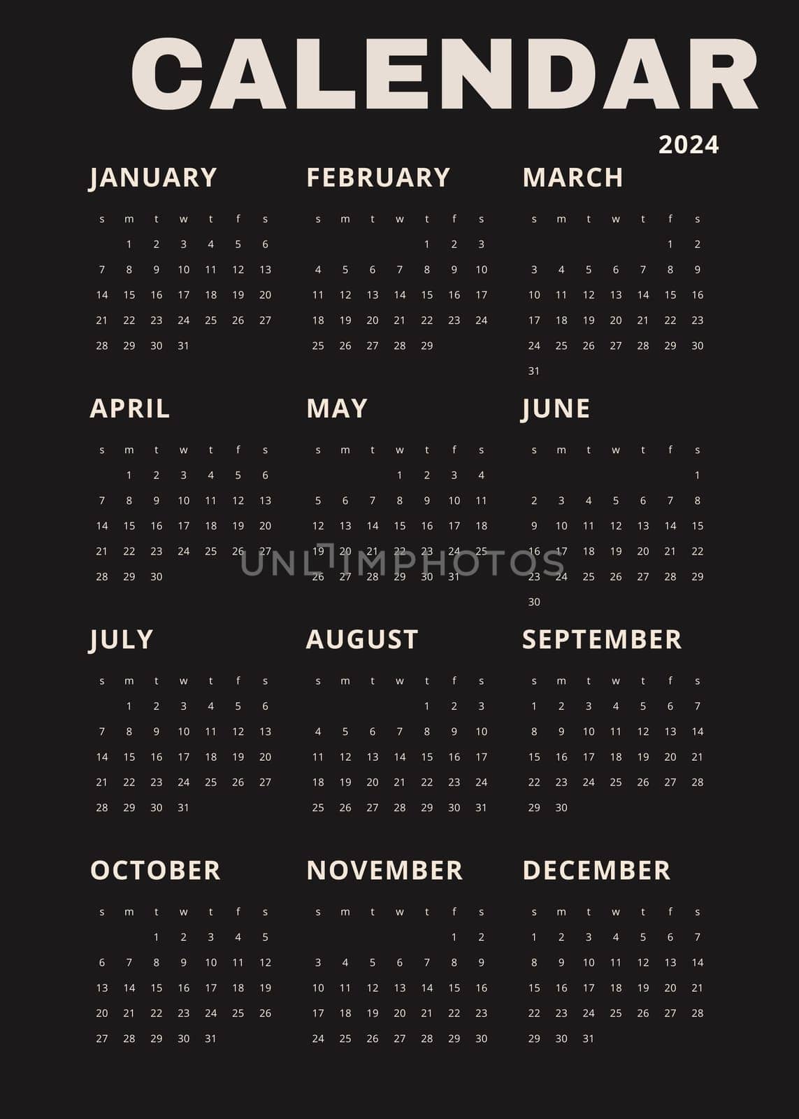 Black vertical calendar for 2024. modern minimalistic 2024 Calendar for year