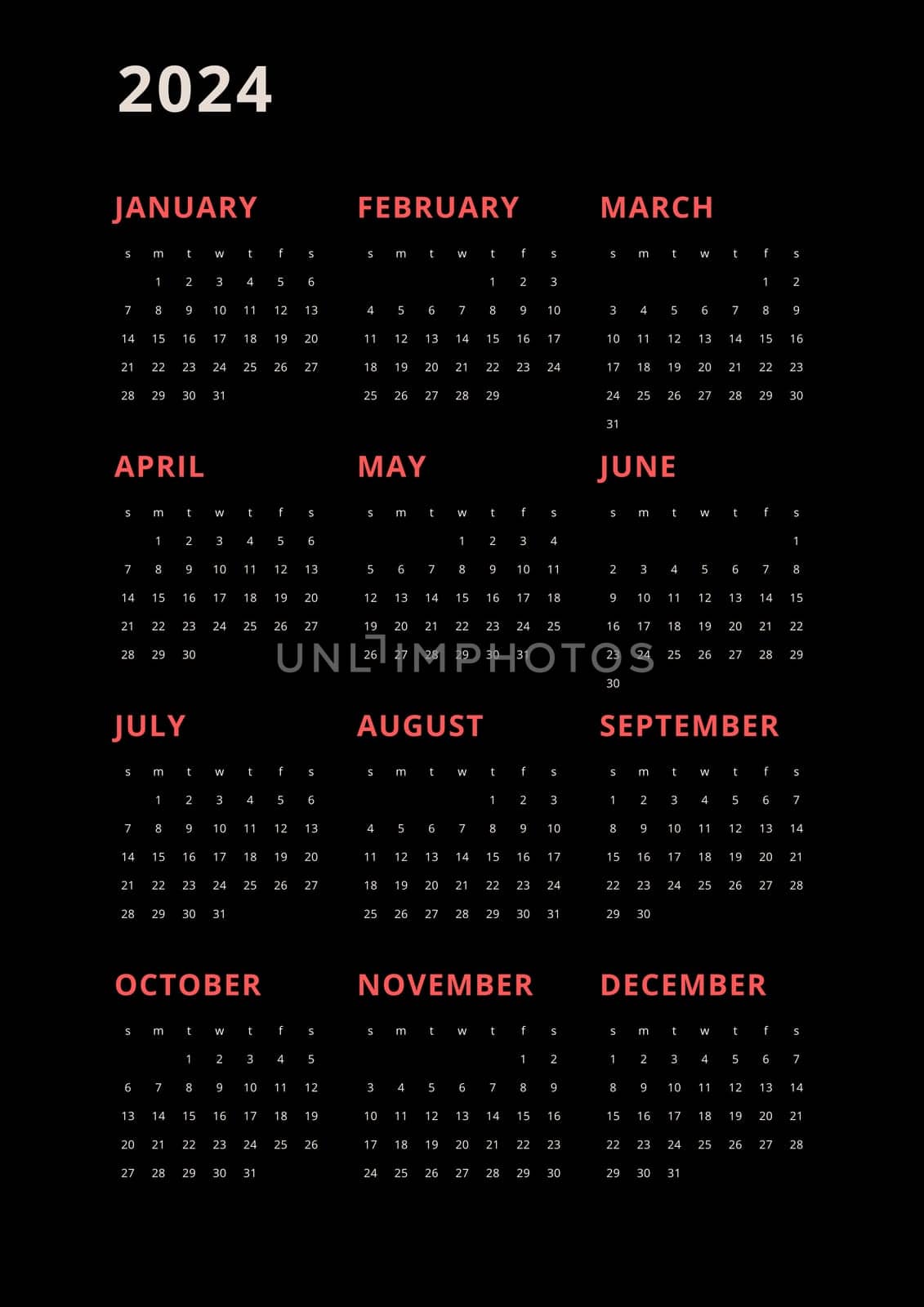 Black vertical calendar for 2024. modern minimalistic 2024 Calendar for year